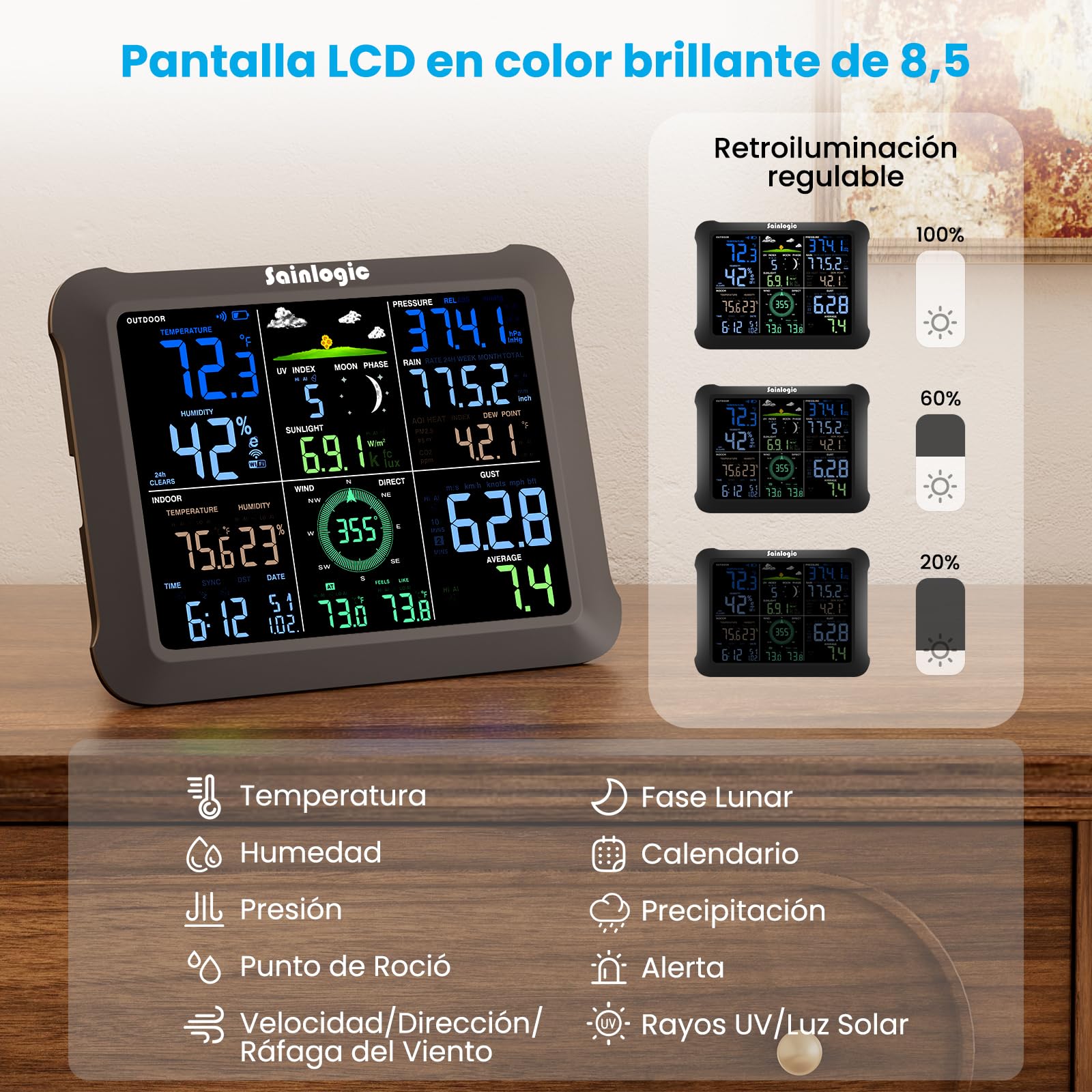 Sainlogic Estación Meteorológica WiFi SA9 con del Tiempo de 24/7 por Weatherseed® AI, Pantalla Grande de 8,5", UV, Pluviómetro, Anemómetro, Almacenamiento de Datos de 2 Años (Solo 2,4 GHz)