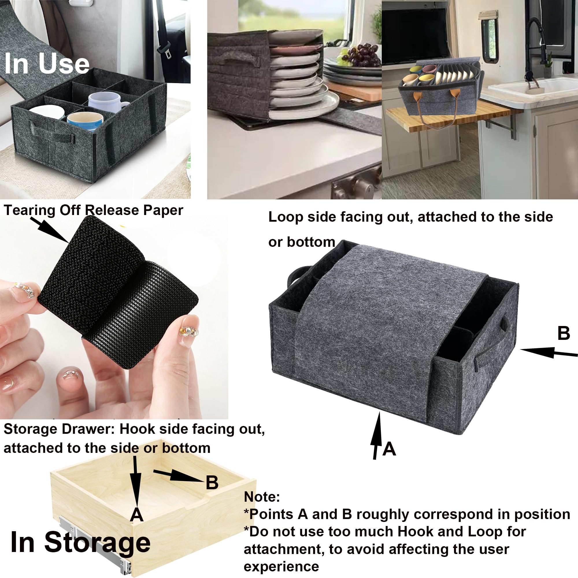 Genérico Organizador Vajilla Camping para Autocaravana,Caja Platos Camping con 8 Compartimentos y Separadores,Bolsa Vajilla Camper de Fieltro con Soporte para 4 Tazas,con 10 Tiras de Fijación(PC)