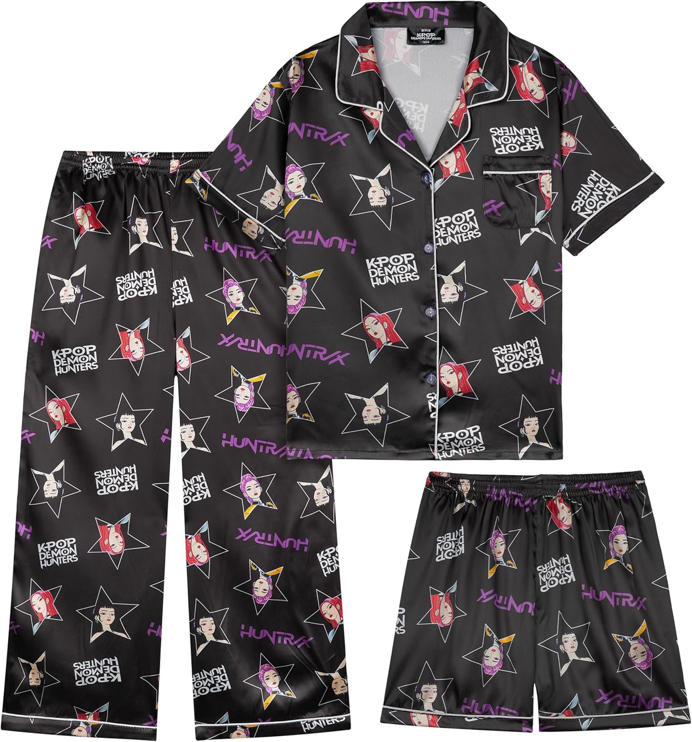 Get Trend KPop Demon Hunters Girls Pajamas Officially Licensed 3-Piece Huntrix PJs Set with Pants & Shorts, Satin Nightwear