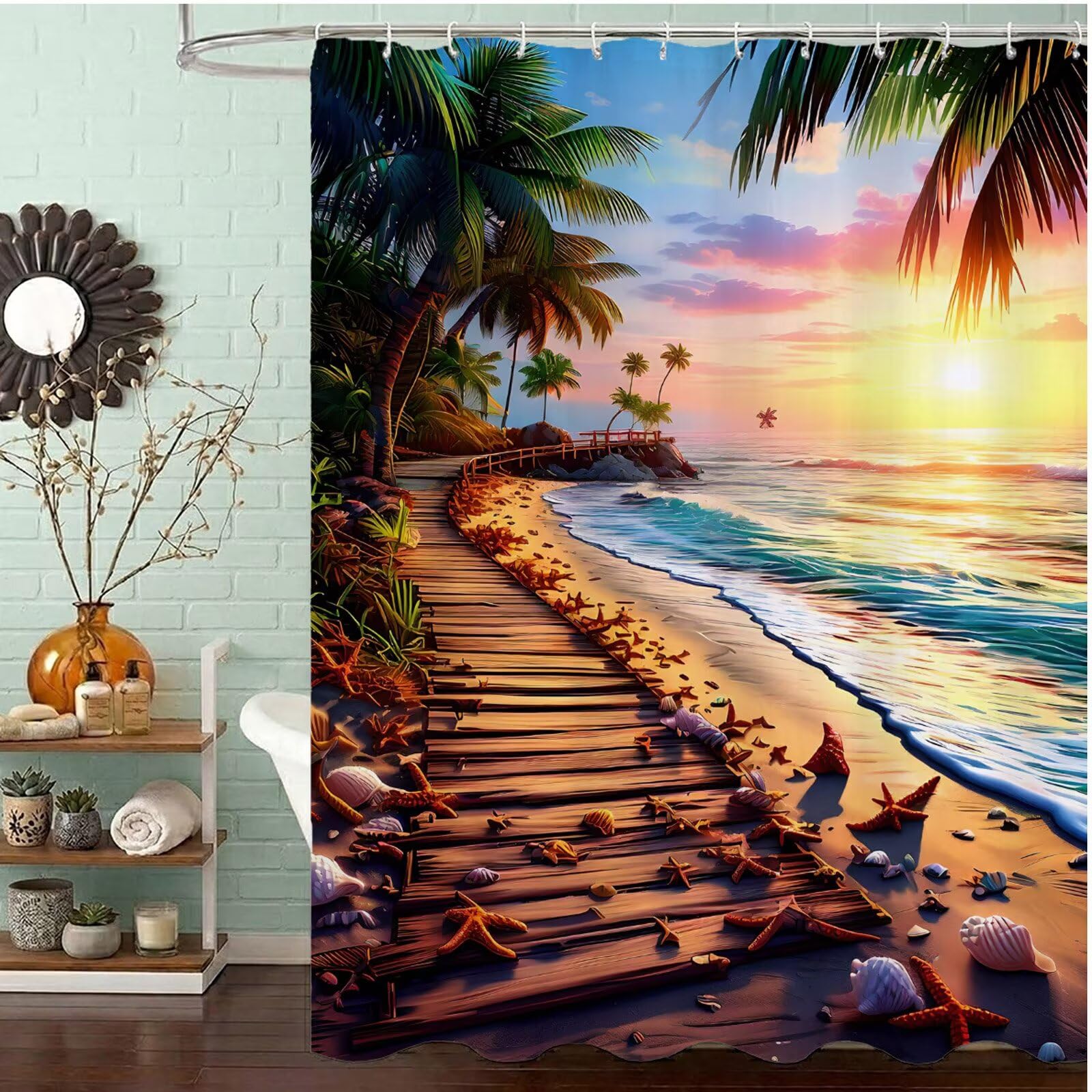 Zasłona prysznicowa plażowa 200 x 240 cm, wodoodporna, szybkoschnąca tkanina poliestrowa, bardzo długa zasłona prysznicowa z obciążonym dnem i 12 haczykami, nadaje się do prania, zasłony łazienkowe do