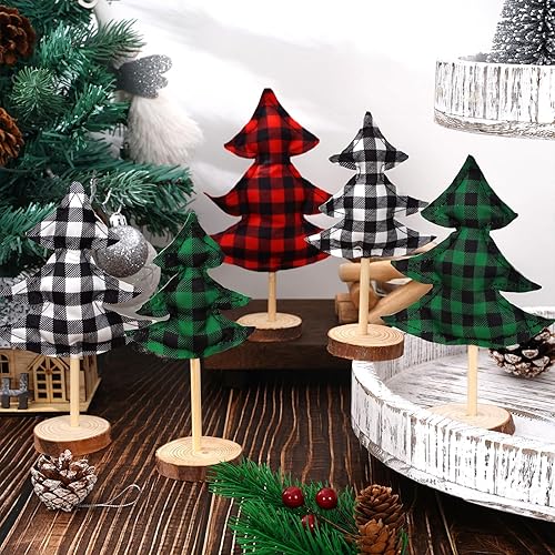 Miniatura 4 de Whaline Juego de 5 piezas de tela de Navidad de pie alto para árbol de Navidad, color rojo, negro, verde, búfalo a cuadros, centro de mesa, letrero