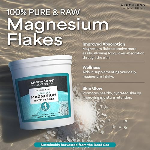Miniatura 3 de Aromasong Copos de magnesio crudo del mar muerto para baño, sal de baño a granel de 4 libras en cubo reutilizable
