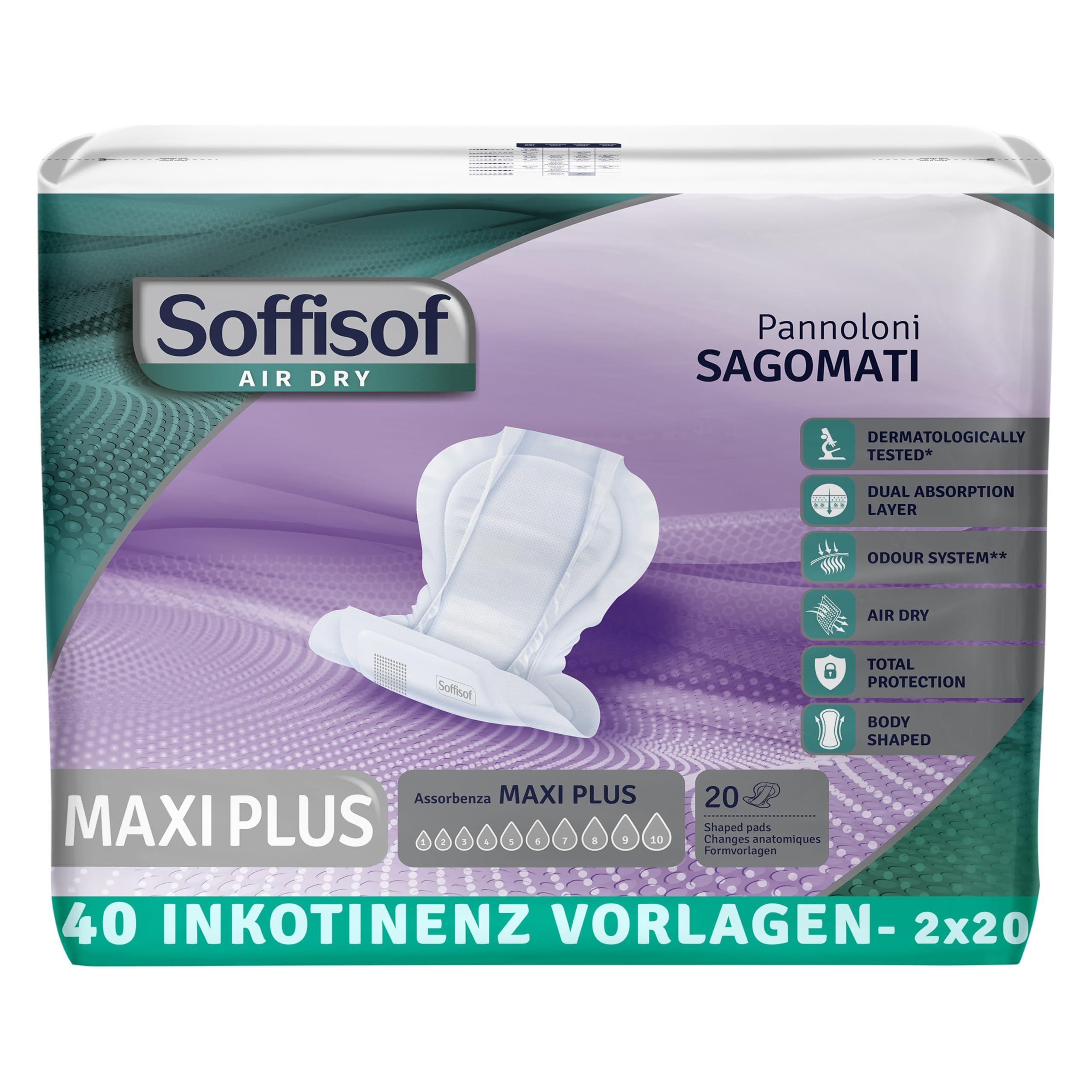 Soffisof Air Dry Inkontinenz-Vorlage für Frauen und Männer Maxi Plus - 40x Erwachsenen Windeln - 2 Packungen mit 20 Windeln, 10 Tropfen - anatomische Windel