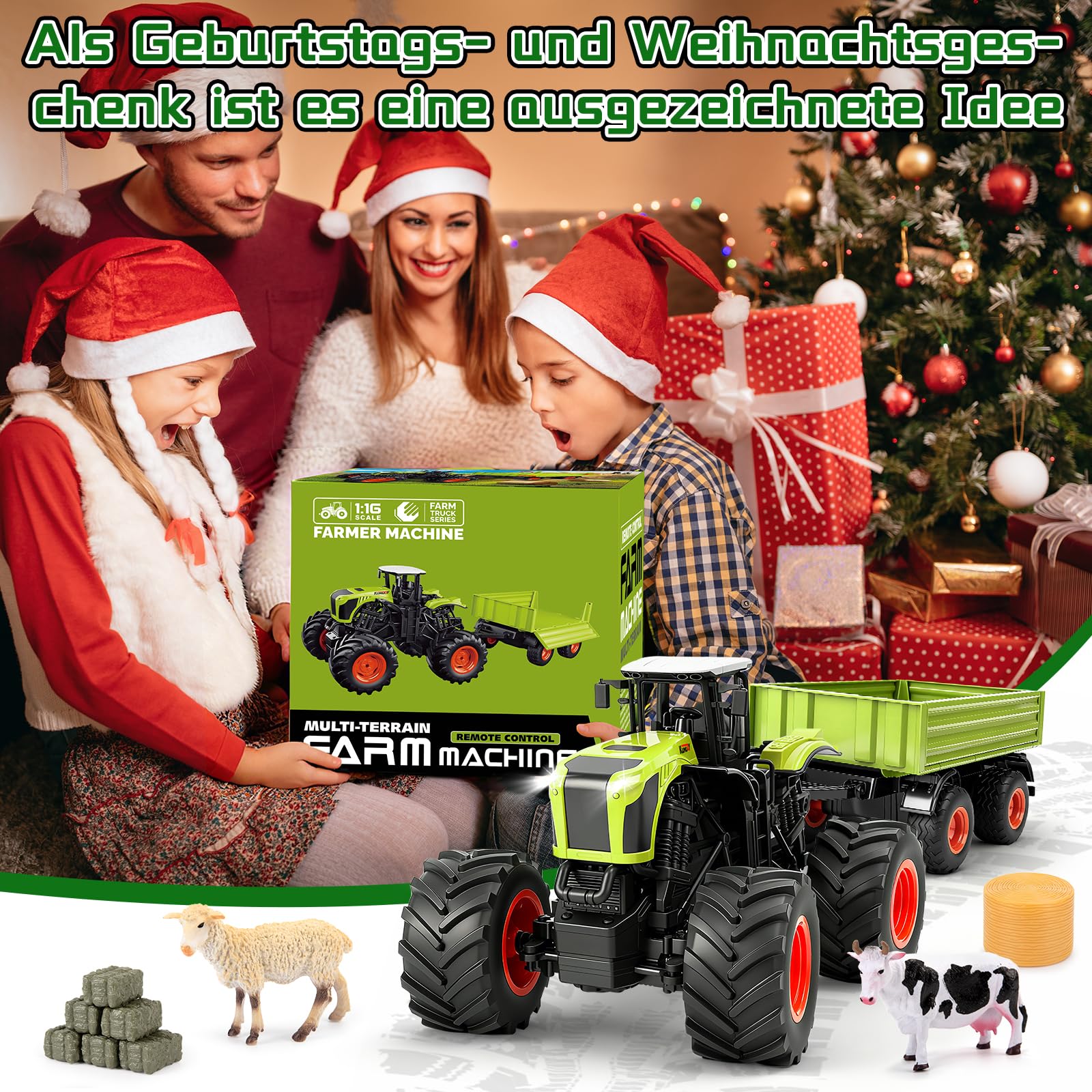 Ulikey Groß Ferngesteuerter Traktor, 1:16 11-Kanal RC Traktor Spielzeug für Kinder, 2.4 Ghz Elektro Trecker Ferngesteuert mit Anhänger, Kuh, Heuhaufen Bauernhof Spielzeug ab 4 5 6 7 8 9 Jahre