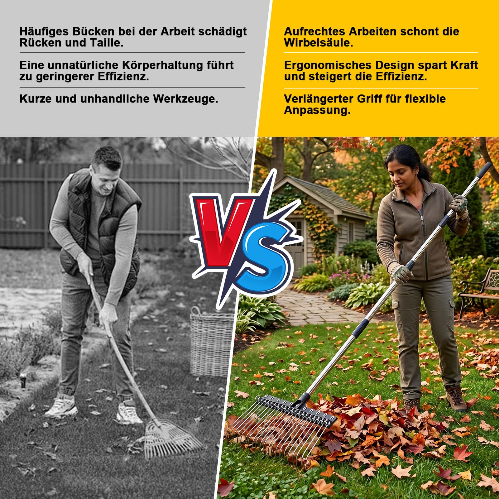 Rastrillo de jardín con mango ajustable, ancho rastrillo de jardín con 22 dientes de acero para resortes para césped, hojas y suelo, rastrillo robusto para escarificación, rastrillo autolimpiante para