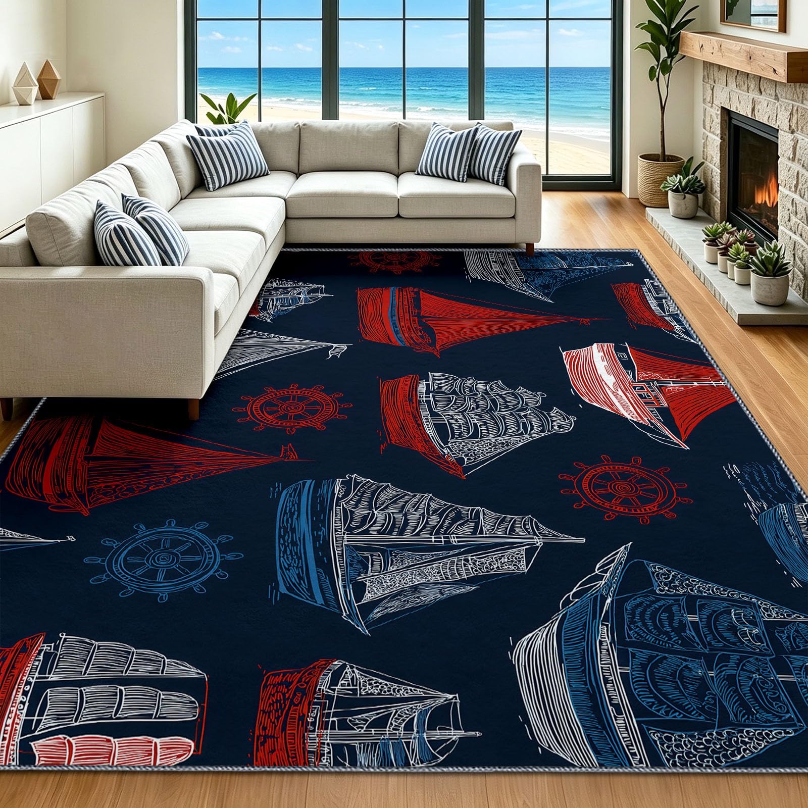Tapis Salon 160x230 cm Noir Motif Océan Voilier