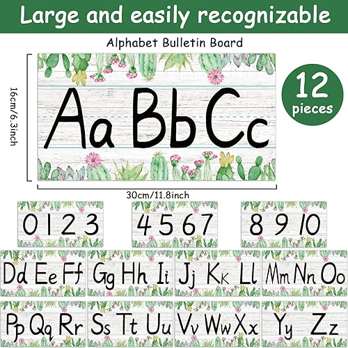 Miniatura 2 de gisgfim Juego de 12 tiras de tablón de anuncios del alfabeto, diseño de cactus con línea del alfabeto ABC y borde numérico, plantas de cactus para