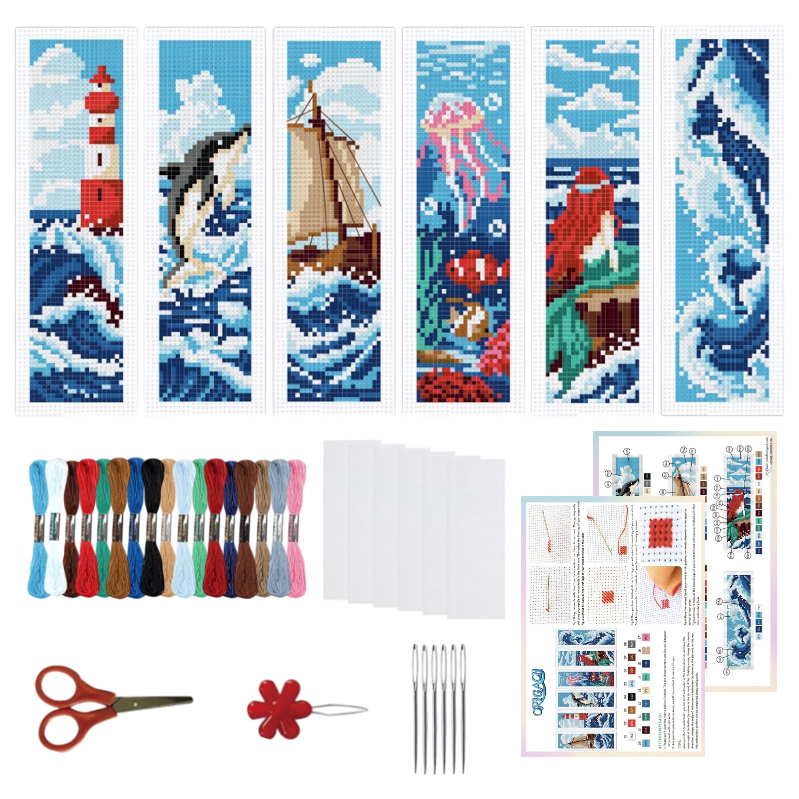 ORIGACH 6 Set Ocean Wave and Nautical Cross Stitch Bookmark Kit for Beginner with Backing Felt Floss Instructions DIY Stamped Embroidery Bookmark Kit for Adults, Book Lovers โ image 1