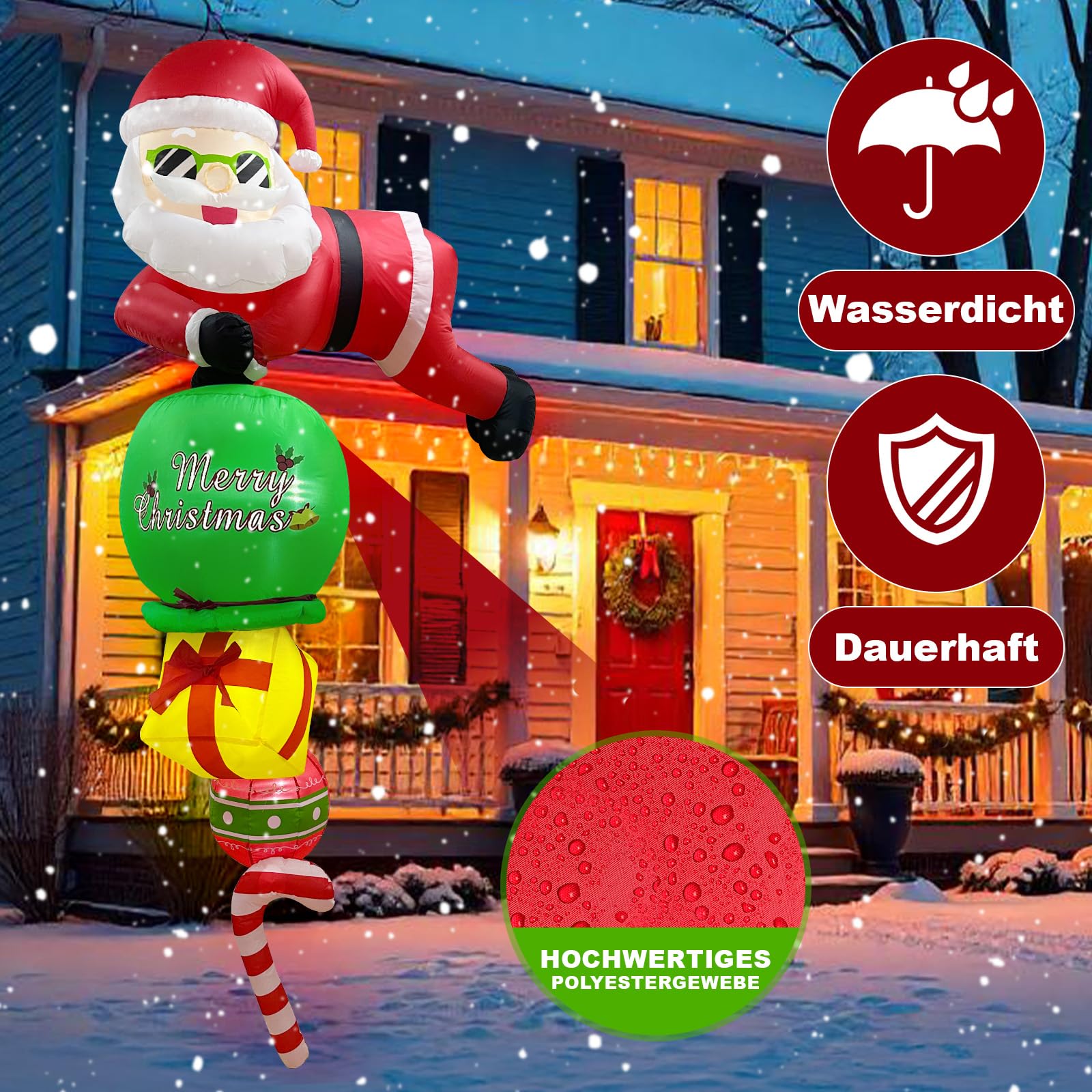 2,44 m Aufblasbare Weihnachtsdeko Außen, Hängender Aufblasbarer Weihnachtsmann Außen mit LED-Lichtern, Weihnachtsmann Aufblasbar für Wand, Fenster, Dachtraufe, Zuhause Dekor