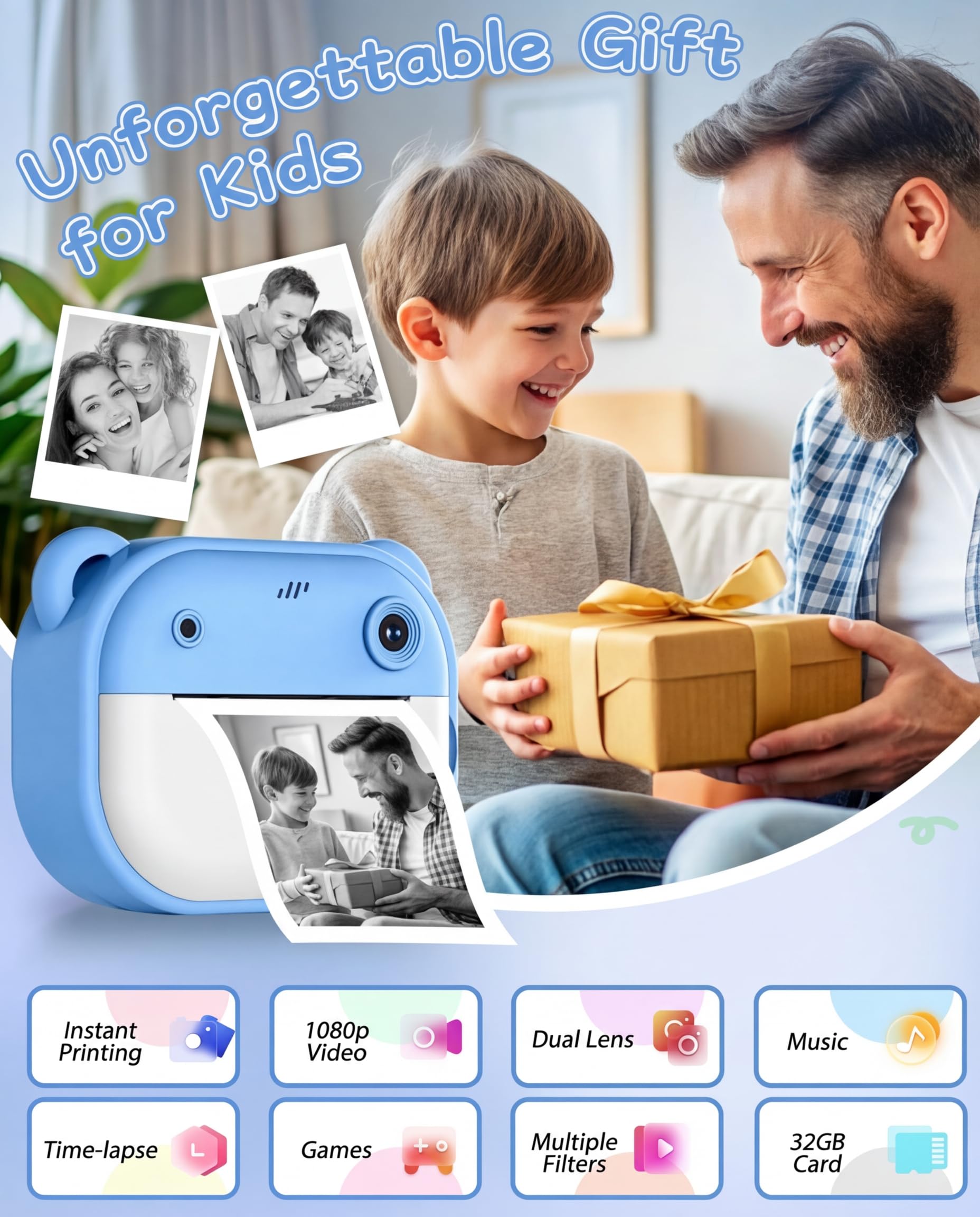 Cámara instantánea para niños, 1080P de doble lente, cámara instantánea para niños, pantalla de 2 pulgadas, con tarjeta de 32 GB y papel de impresión, regalos de cumpleaños para niños de 3 a 12 años