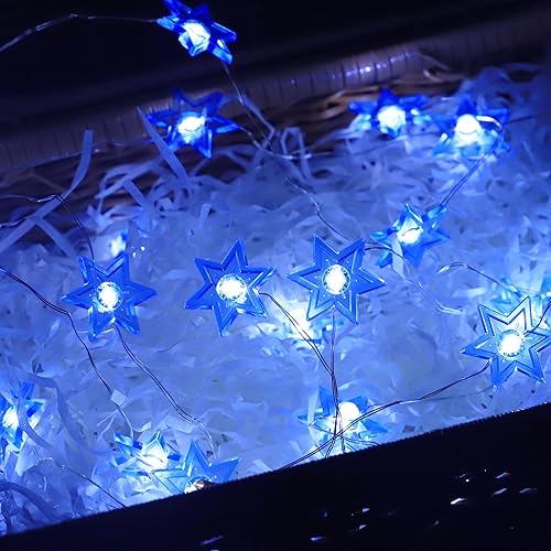 Miniatura 3 de Guirnalda de luces con diseño de estrella de David, decoraciones de Janucá, 30 luces LED azules de Hanukkah, hexagrama de cobre, estrellas magen,