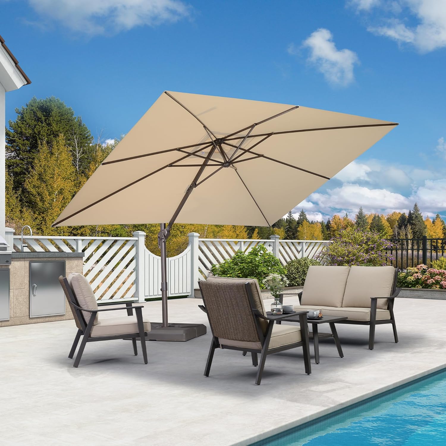 PURPLE LEAF 9' X 11.5' Rectangle Cantilever Umbrella Patio Umbrella Outdoor Aluminum Offset Antique Bronze Hanging Umbrella with 360-degree Rotation for Pool Garden Backyard Deck, Beige