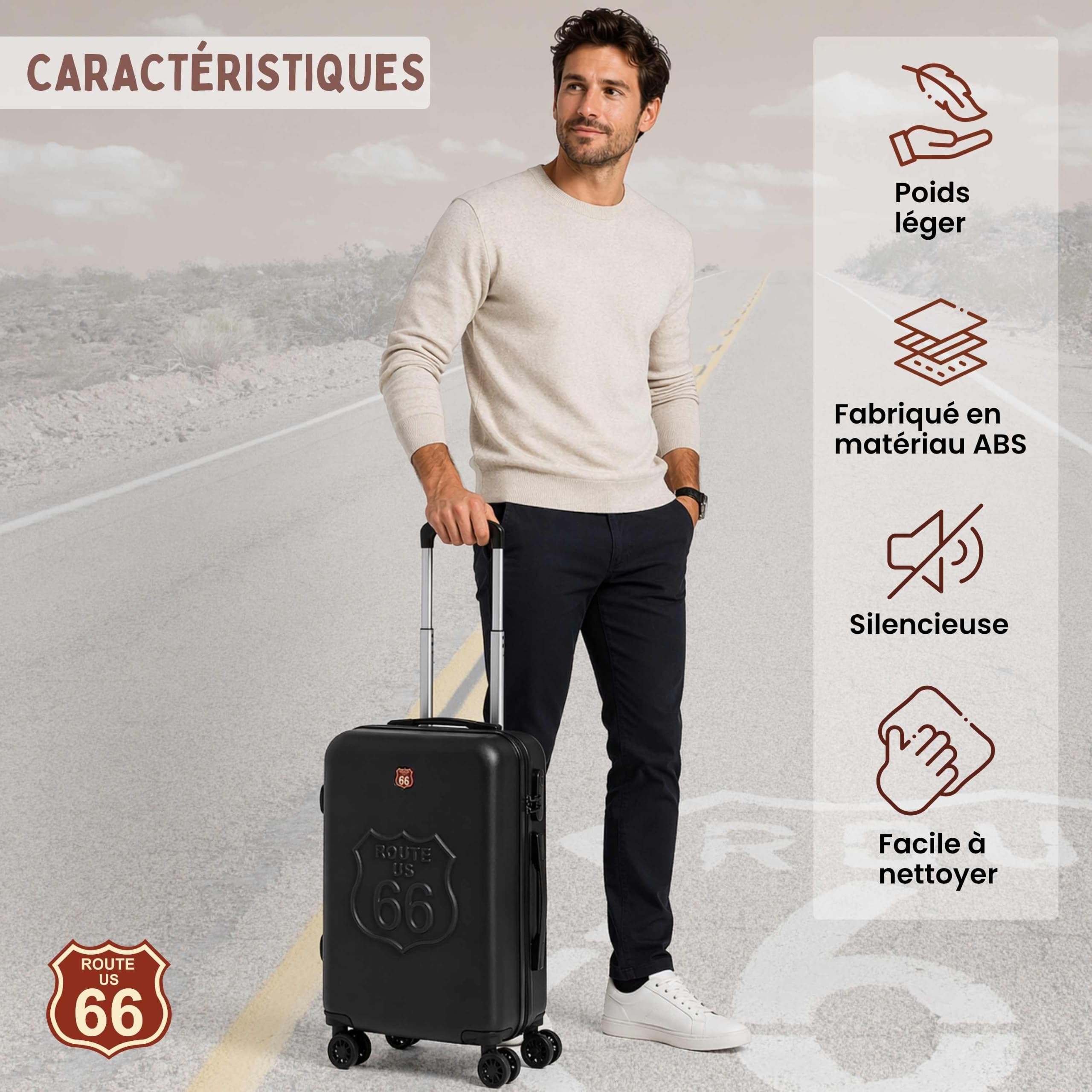 Route 66 - Walizka kabinowa 55x40x20 sztywny ABS 4 koła - bagaż samolotowy | Lekka twarda walizka, bagaż podręczny Ryanair, walizka na 4 kółkach, torba kabinowa samolotu, walizka podróżna na kółkach