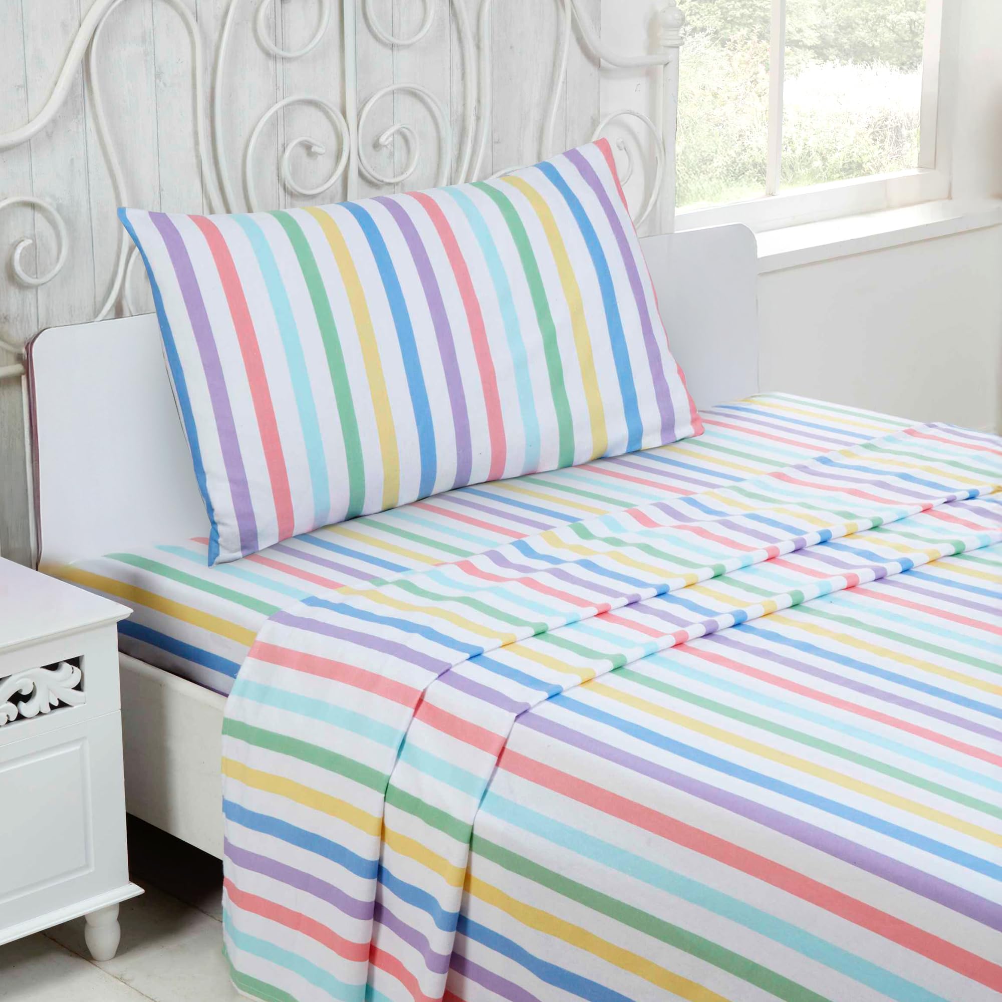 Rapport Home 100% Brushed Cotton Single Bed Sheet Set - Cosy Candy Stripe Flannelette Feel...