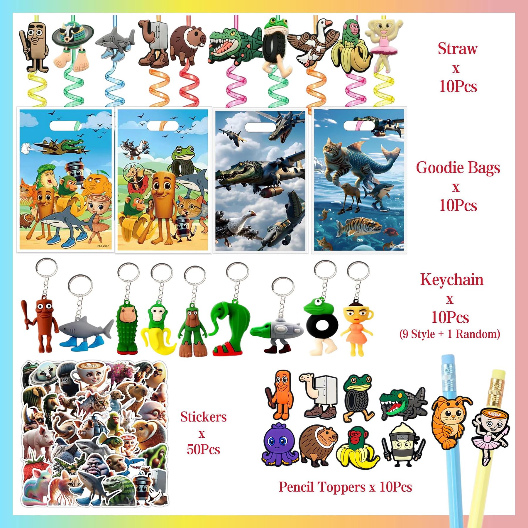 Rolpants Italian Brainrot Party Bags Fillers, 90 Pcs Party Favors Pack Prizes Gifts, 10 Treat Goodie Bags, 10 Keychain - Image 2