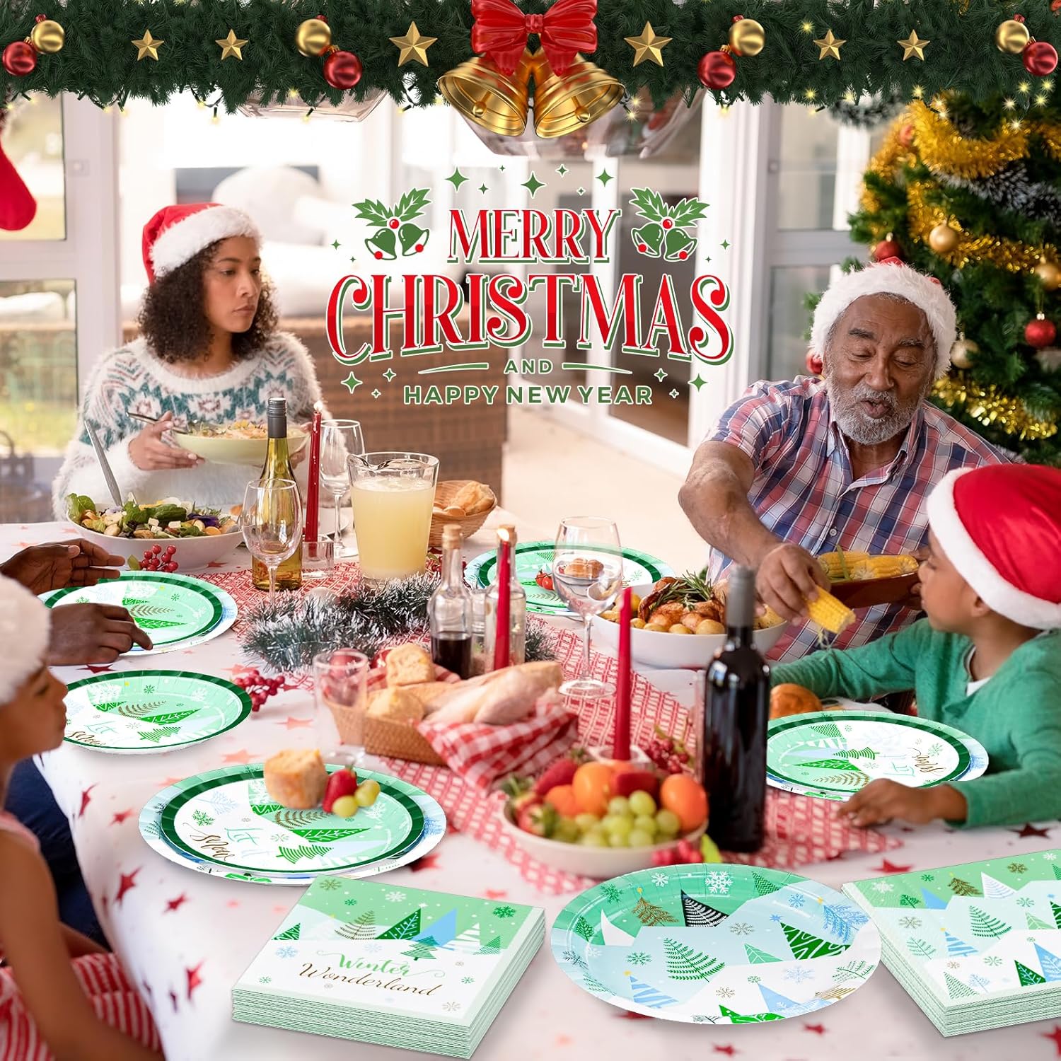 Winter Party Dinnerware Set, 9.2" Paper Dinner Plates, 7" Paper Dessert Plates, 6.5" Luncheon Napkins, Let It Snow Winter Wonderland Green Christmas Trees Winter Forest Decor Set, Serves 50