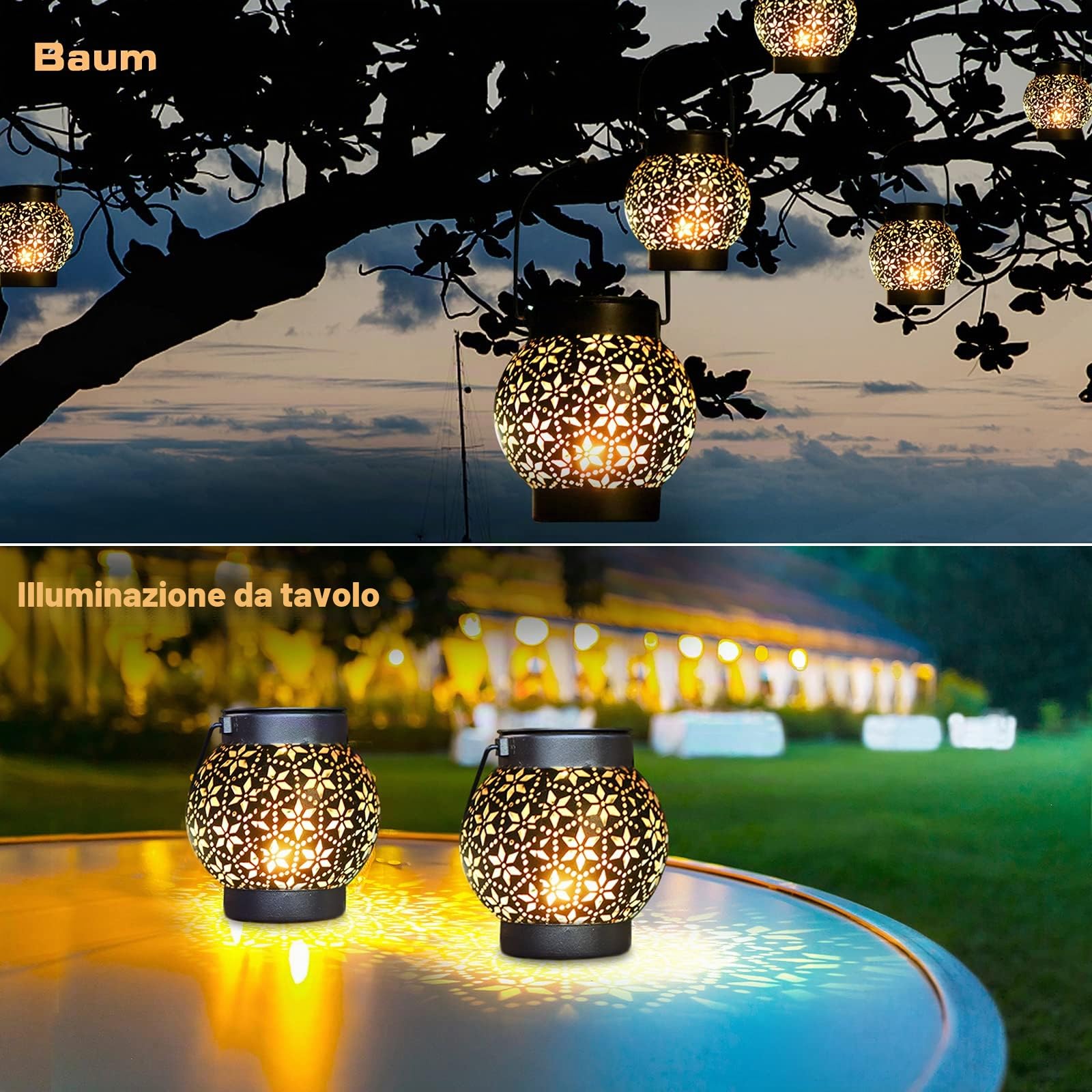 Lanterna solare per esterni, 2 pezzi, IP65, impermeabile, in metallo, per esterni, da appendere, da giardino, a LED, luce bianca calda, per esterni, balcone, Natale, colore nero
