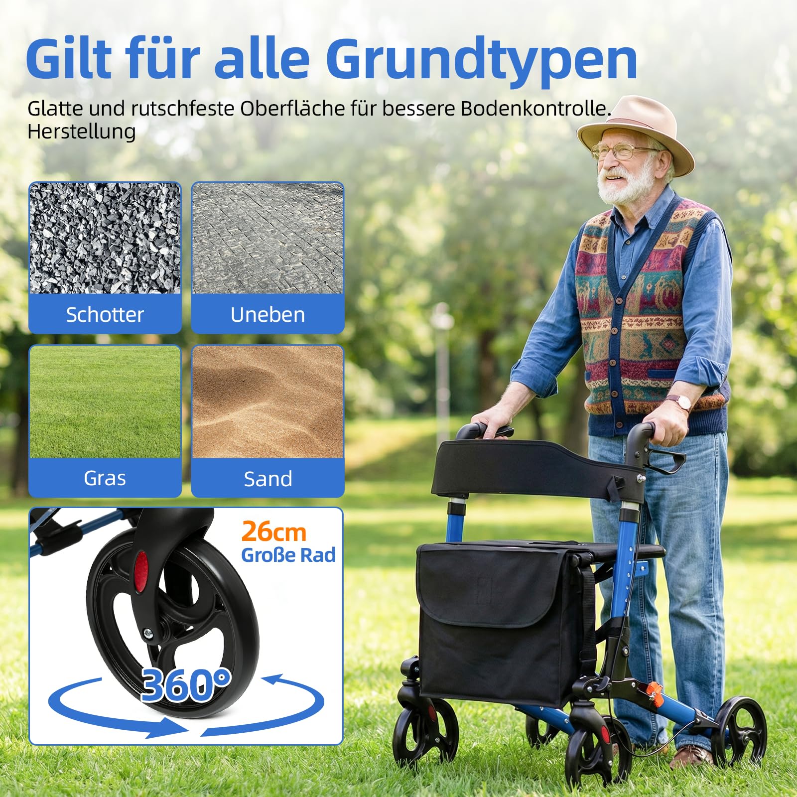 Leichtgewicht Rollator Faltbar und Leicht mit Sitz, 6-fach Höhenverstellbar Geeignet für 160 185 cm, Aluminium Gehhilfe mit Feststellfunktion Stockhalter und Abnehmbare 8L Einkaufstasche