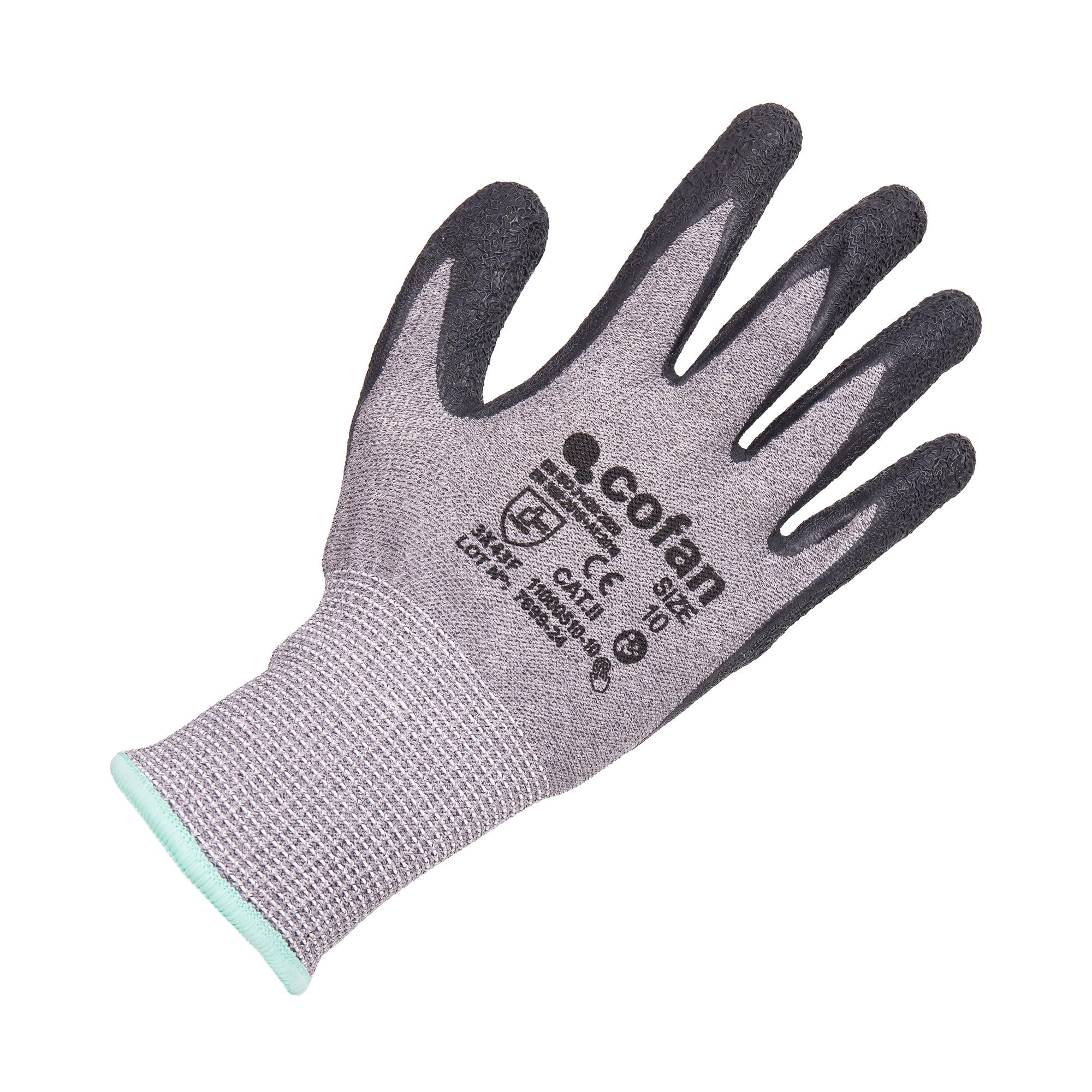Cofan Guantes Anticorte HPPE con Látex Rugoso, Agarre Seco y Húmedo, Pack de 12 Pares de Guantes, Galga 13, Talla 6 hasta la 10, De Conformidad con EN 388:2016 (12, Talla 6)