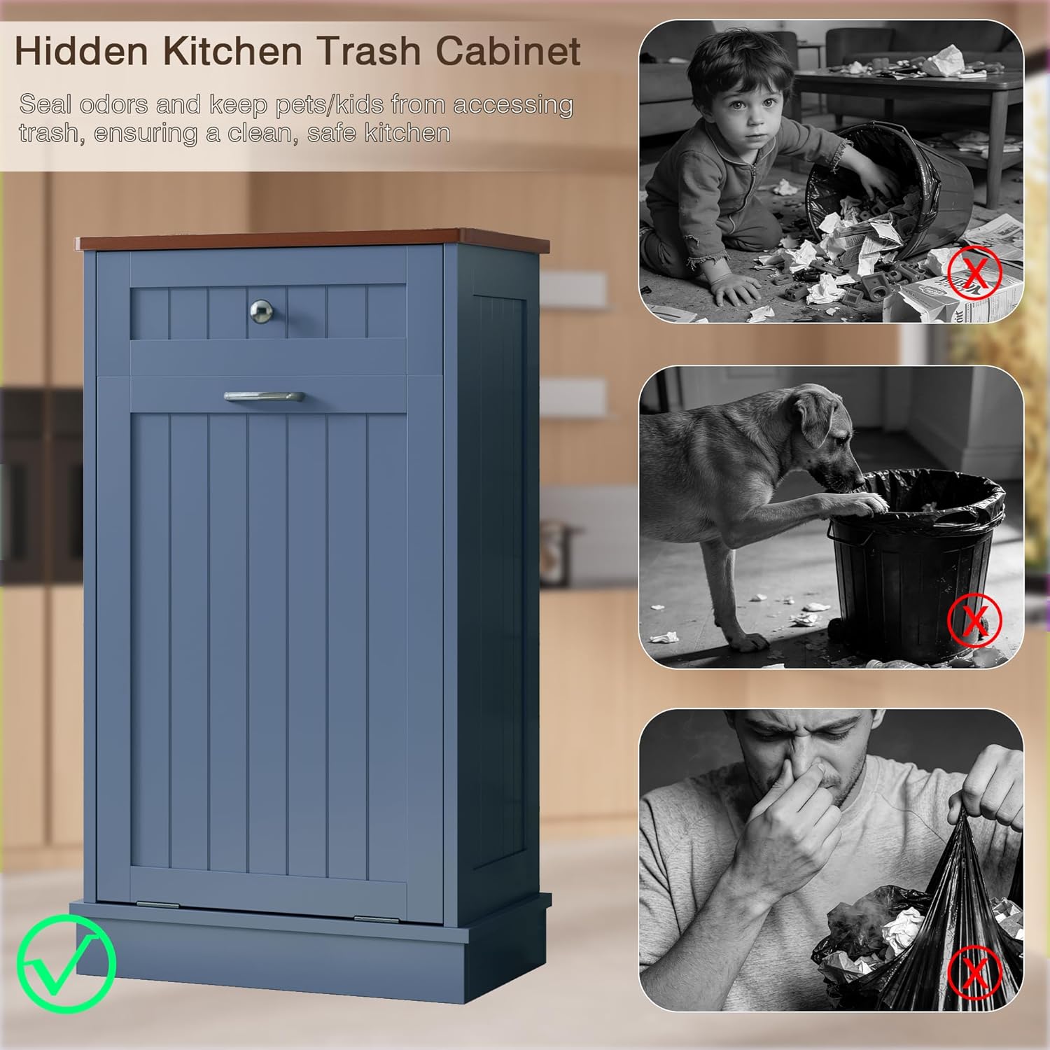KIGOTY Tilt Out Trash Cabinet,Wooden Kitchen Trash Bin Holder Garbage Bin Recycling Cabinet Laundry Hamper with Solid Wood Countertop and Hideaway Drawer (Haze Blue)
