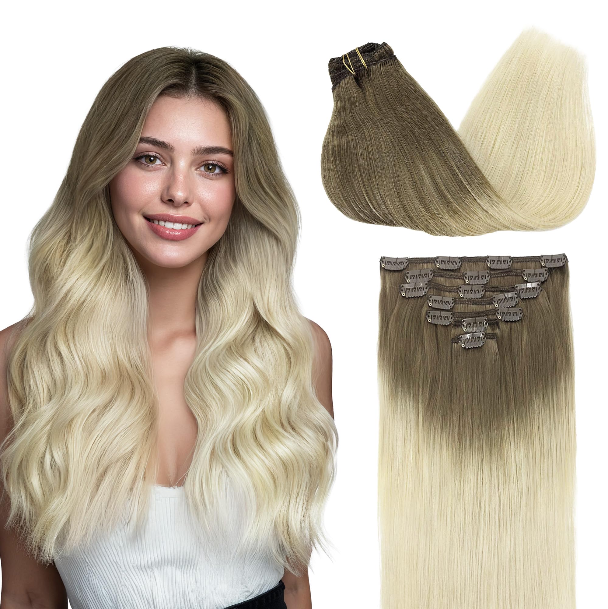 GOO GOO Clip in Hair Extensions Real Human Hair, Remy Human Hair Extensions Clip ins for Women, Natural Human Hair, 20inch 120g 7Pcs, 9/60 Balayage