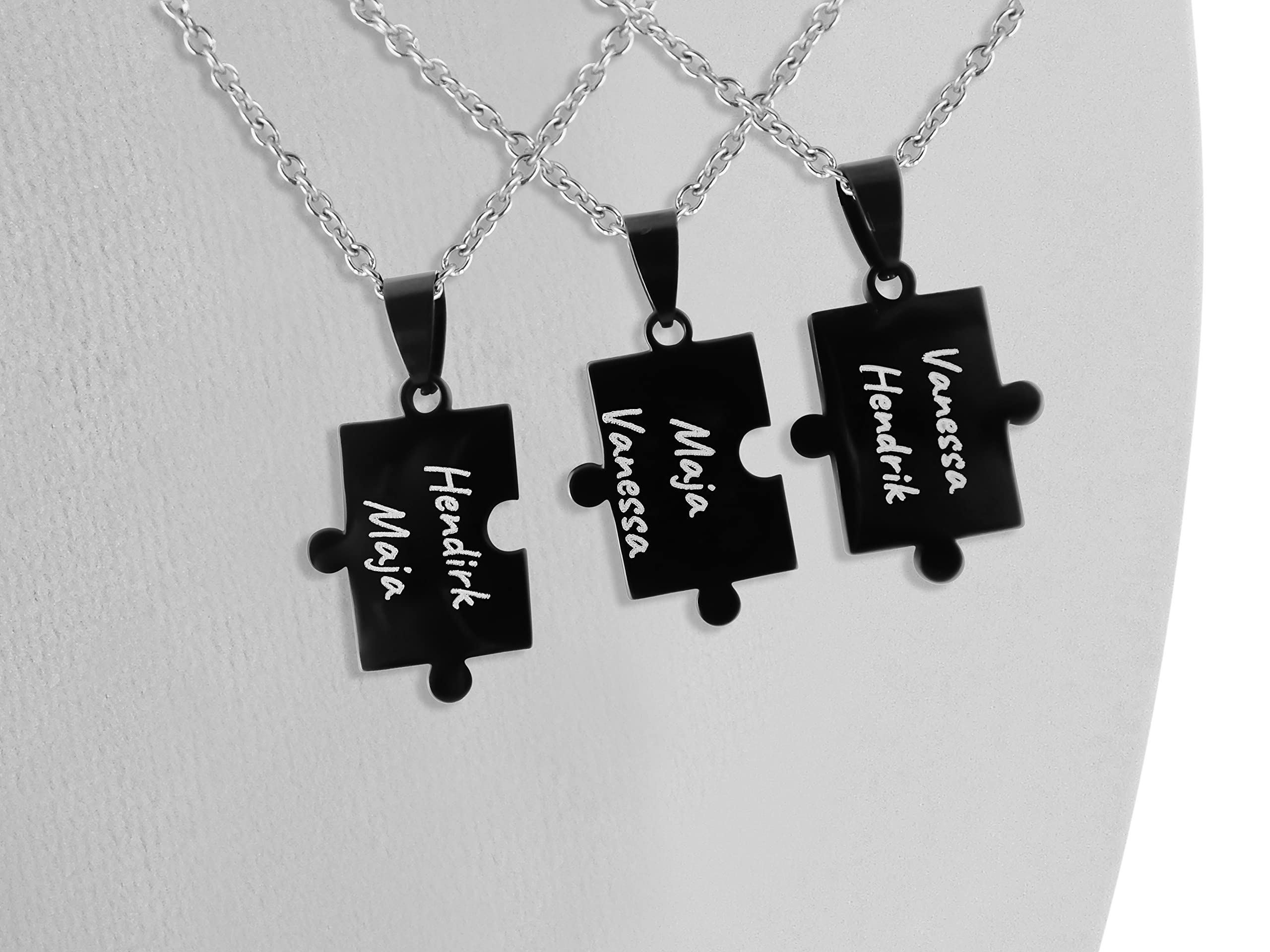 3 Stück Personalisierte Ketten mit Gravur Edelstahl 50 cm Puzzle in schwarz - Halsketten für Männer und Frauen - Personalisierter Schmuck Damen Herren Freundin Freund Geschwister