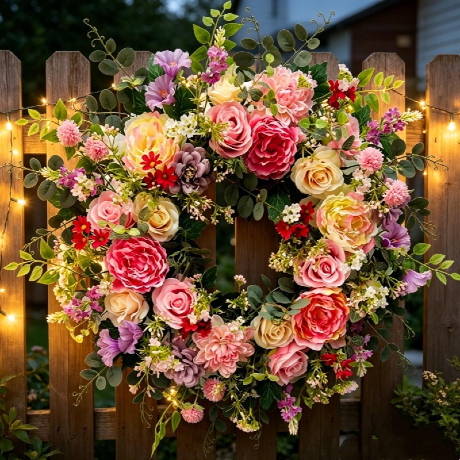 Künstlicher Rosenkranz mit Rosen Pfingstrose und Eukalyptus, 45 cm Frühlings- und Sommerkranz, für Garten, Eingangstür, Fenster, Hochzeit, Party, Festival, Weihnachten