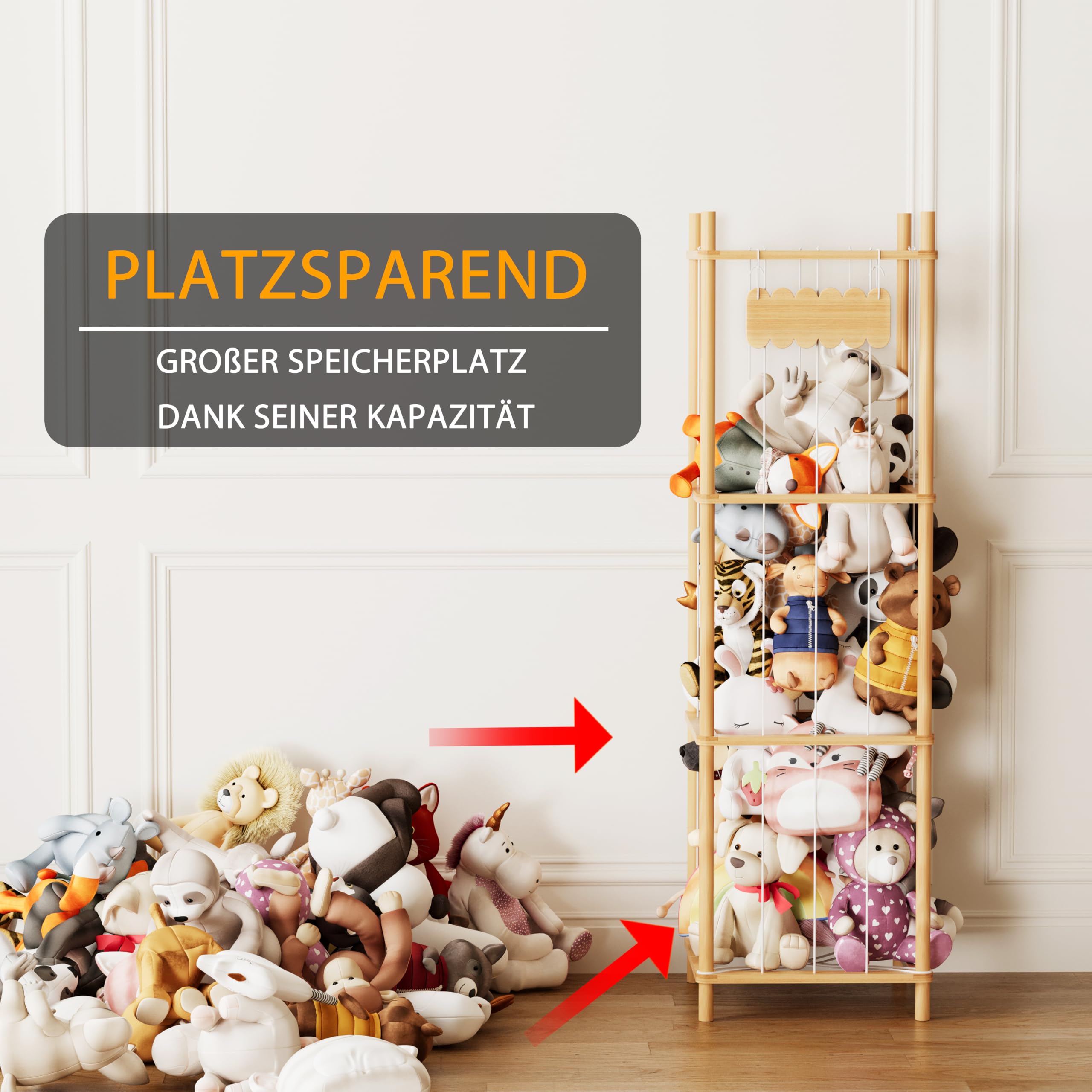 SpaceAid Stofftier Aufbewahrung Holz, Kuscheltier Zoo Organizer, Großer Plüschtier Aufbewahrung Käfig für Kinderzimmer, Spielzeug Aufbewahrungshalter, 40 cm Breit, Natur