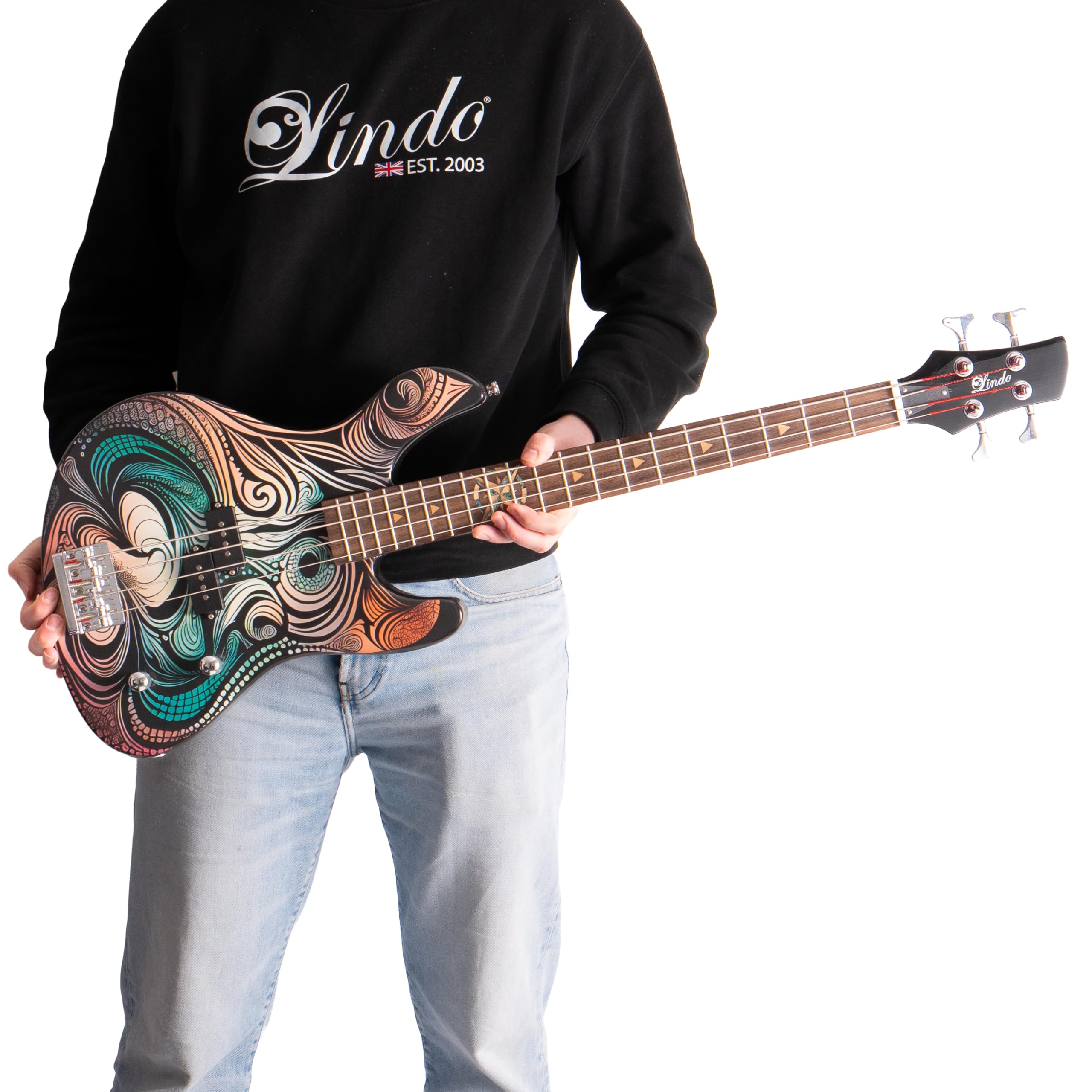 Guitarra Bajo Eléctrica Lindo Sahara (Escala Corta 30") | Incrustación de Concha Abalone y Madera de Arce, Estrella Náutica en el Traste 12 | Acabado de Arte Gráfico | Mástil Compuesto