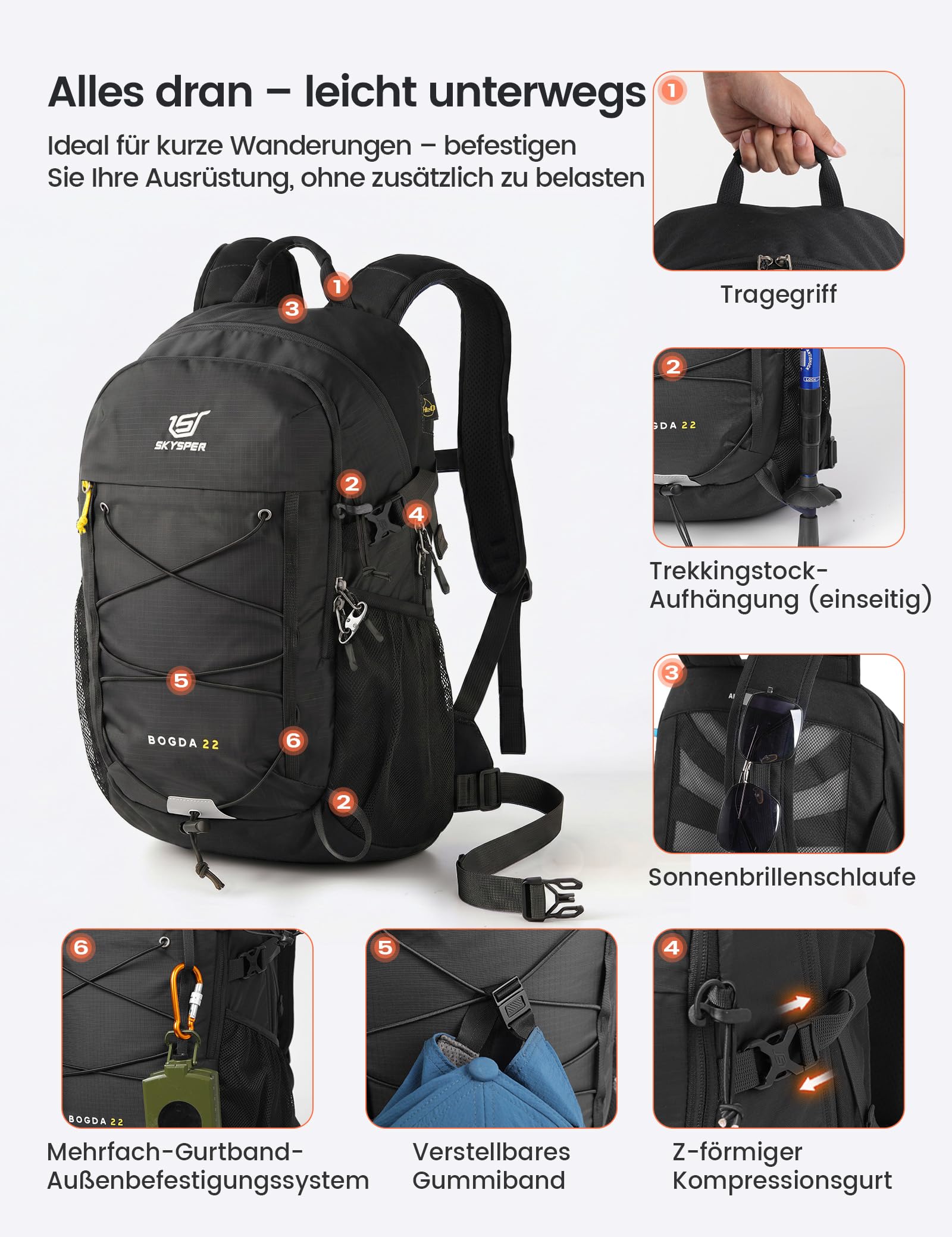 SKYSPER 22L Wanderrucksack Herren Damen Leichter Trekkingrucksack mit Belüftungsrücken Diebstahlsicher Rucksack aus Atmungsaktivem Air Mesh für Wandern Reisen Tagesausflüge