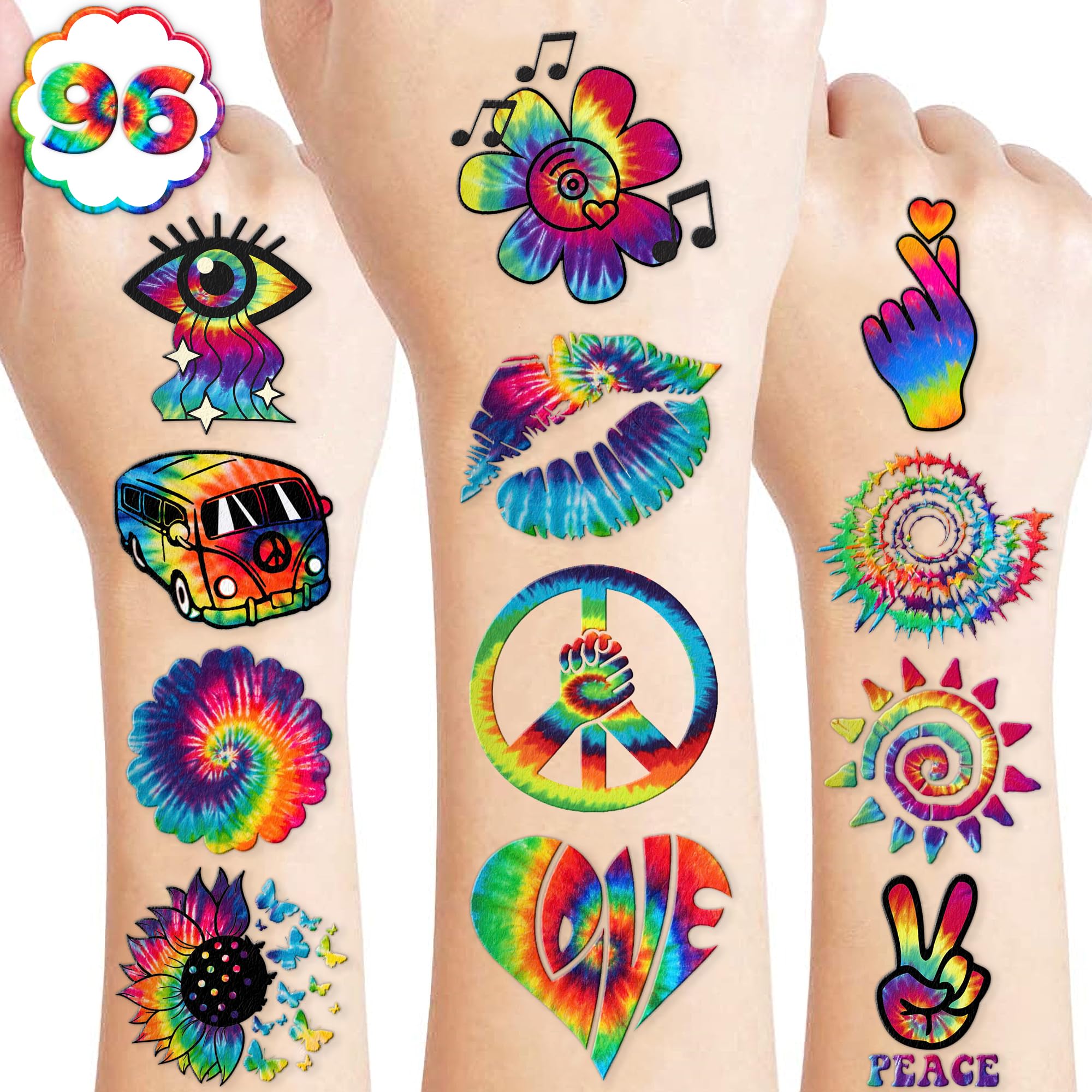 96 PCS Tie Dye 90s 80s Pre-Cut Temporary Tattoos for Kids | Super Cute Themed Birthday Party Favors, Supplies, Decorations, Colorful Fake Tattoo Stickers, School Rewards & Gifts Boys & Girls, Carnival