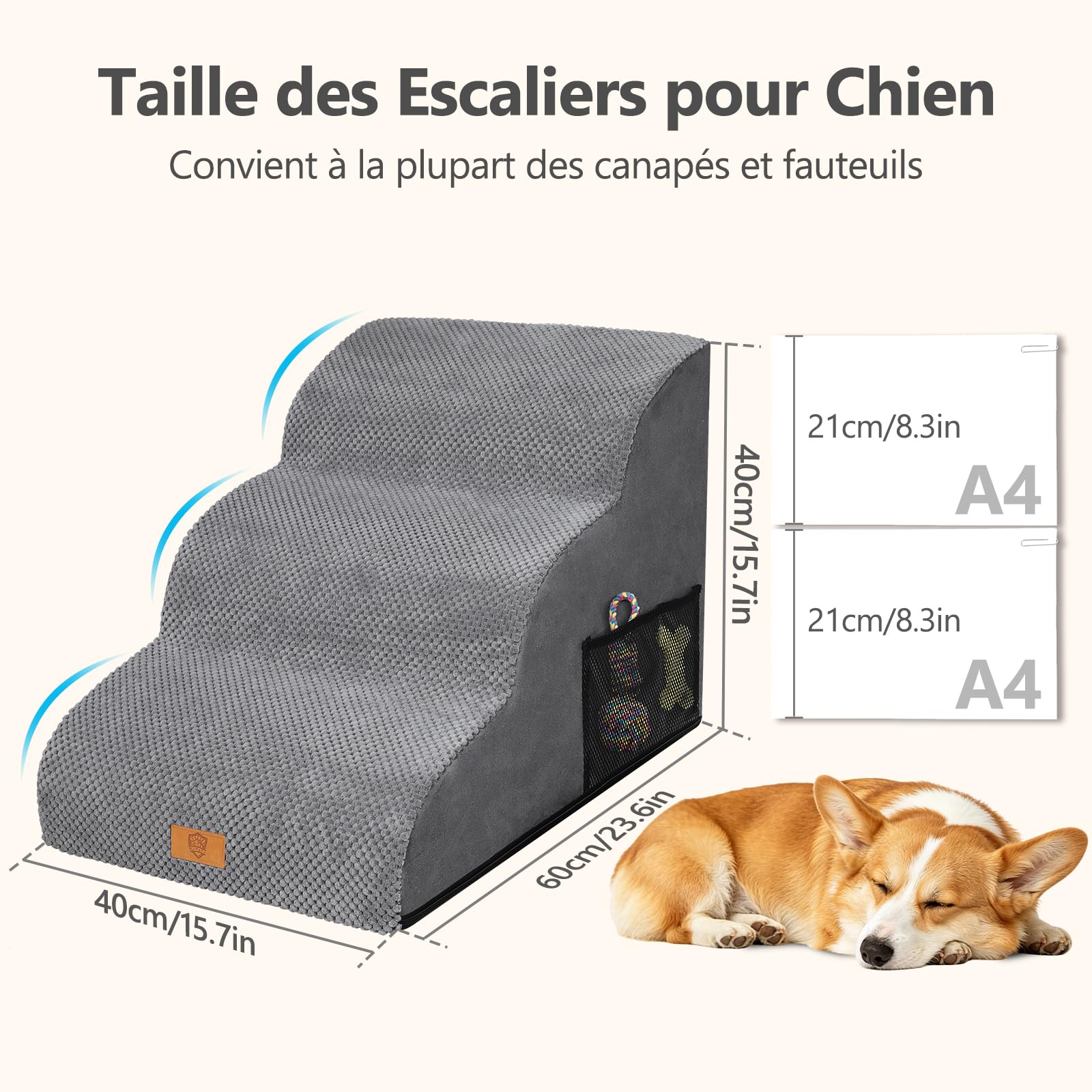 MASTERTOP Escaliers pour Chiens à 3 Marches, Rampe pour Chien Canapé - Gris | Grande Échelle Animaux en Mousse Haute Densité Antidérapante, Housse Amovible - pour Canapé et Lit