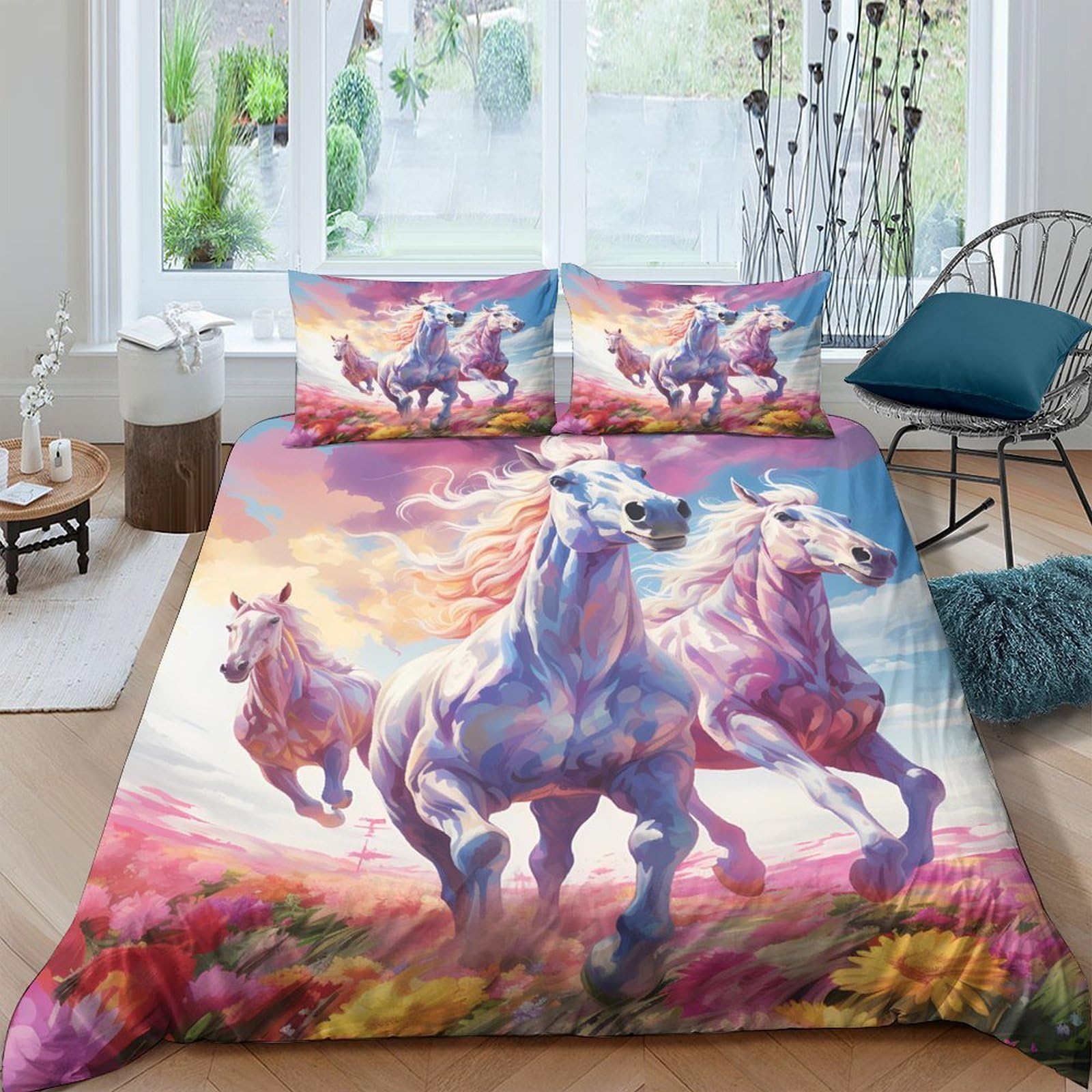 Ctjqhvkz Style-2 3D Printed Running Horses Fitted Sheet Microfiber Vibrant Pastel Wild Stallion Mattress Cover Bedroom Decor Single（135X200cm）