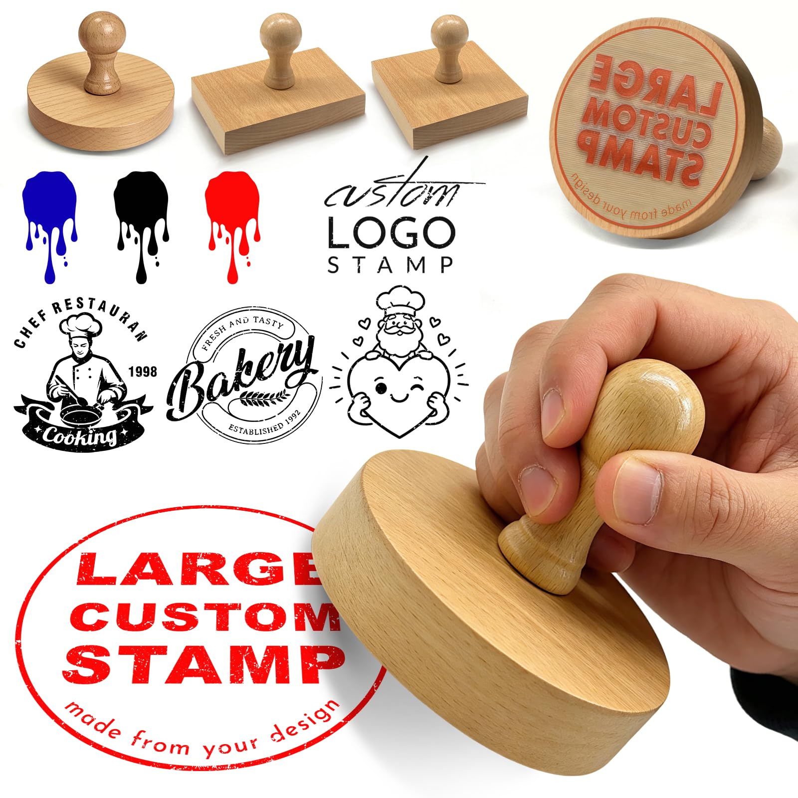 Custom Logo Stamp Personalised Rubber Stamp Wood Handle Customised Stamps with Address/Name/Text-Upload Your Own Image Office Business
