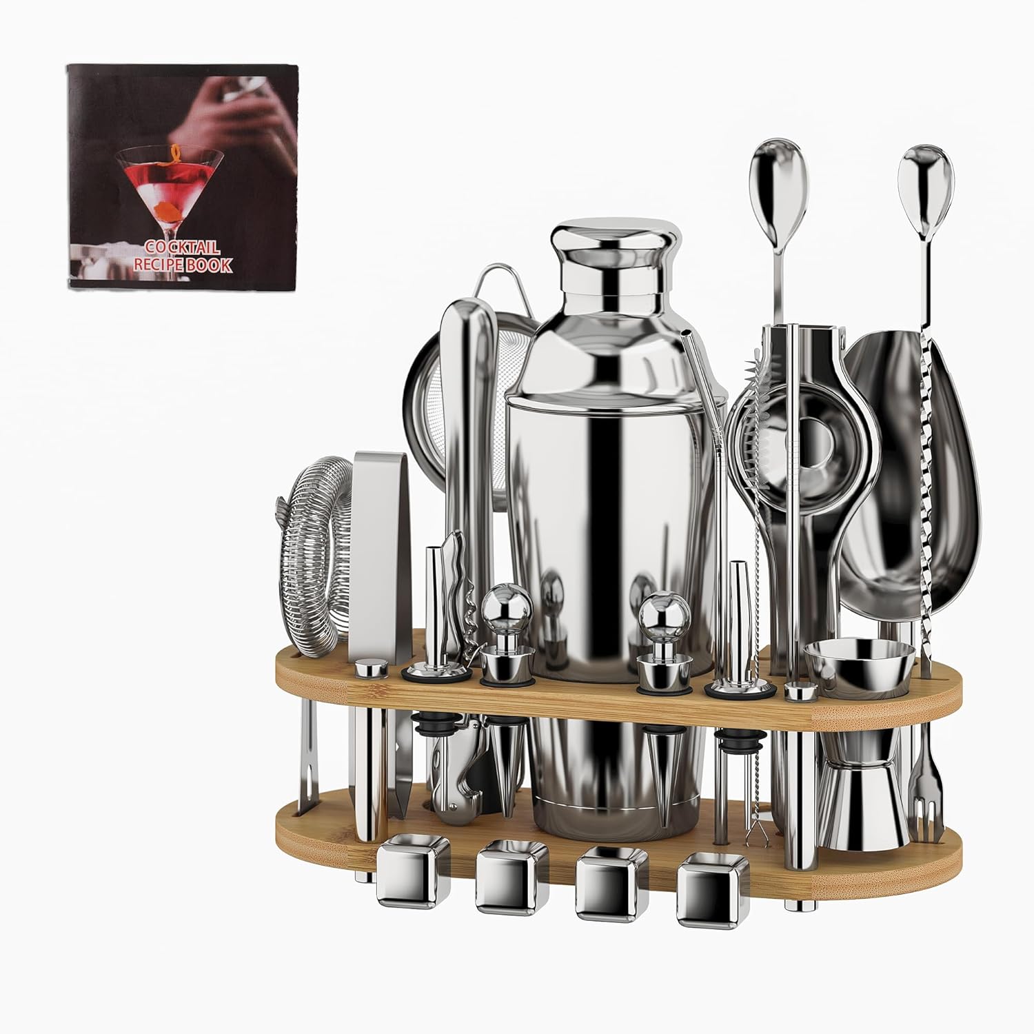 Cocktail Shaker Set, 25-Piece Stainless Steel Bartender Kit with Wood Stand & Cocktail Recipes Booklet, Professional Bar Tools for Drink Mixing, Home, Bar, Party - Image 1 of 9