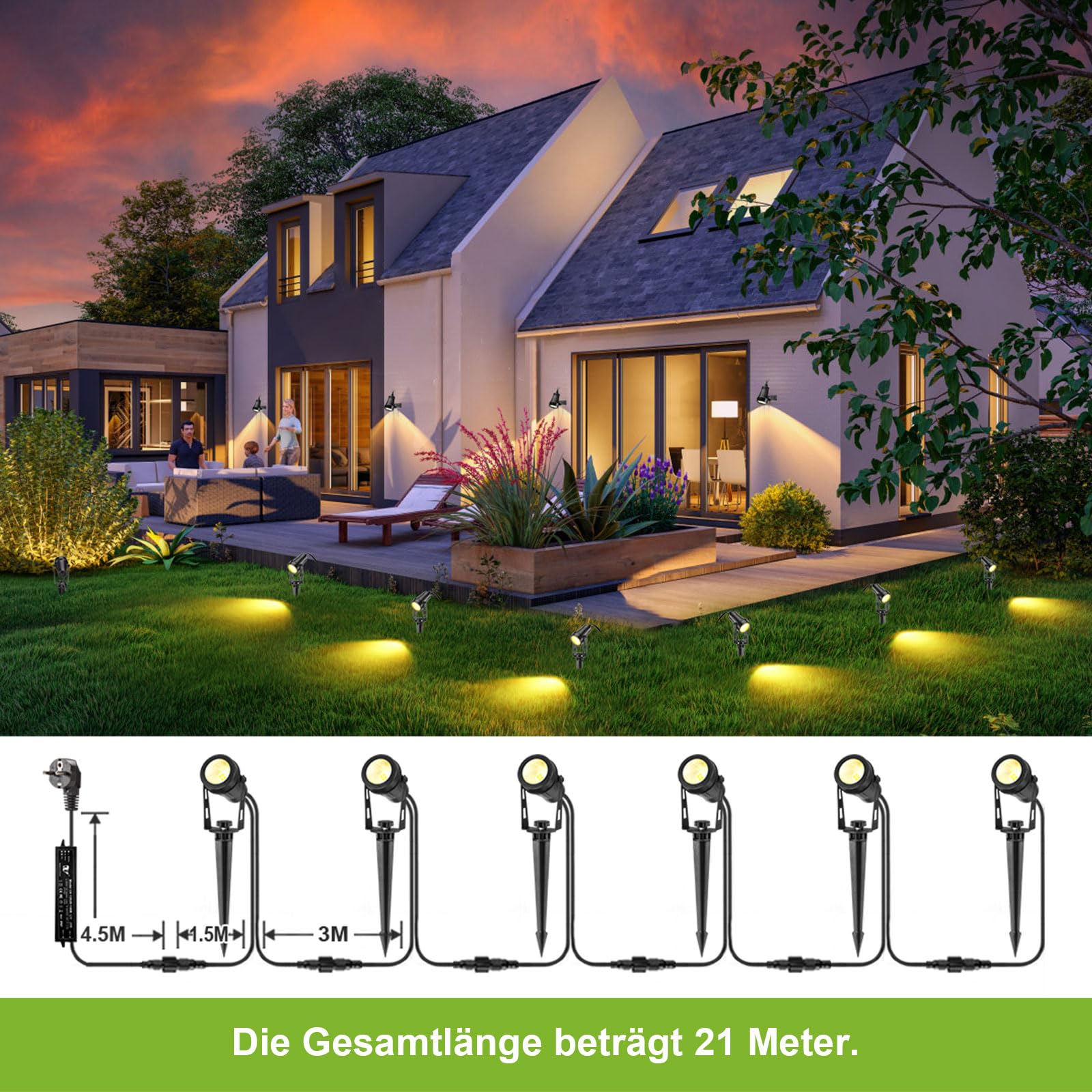 B-right Gartenbeleuchtung led außen, 6er Set Gartenbeleuchtung mit strom, IP65 wasserdicht Gartenstrahler mit erdspieß, Gartenleuchte mit stecker, Warmweiß, Wegbeleuchtung Gartenlampe für Rasen Weg