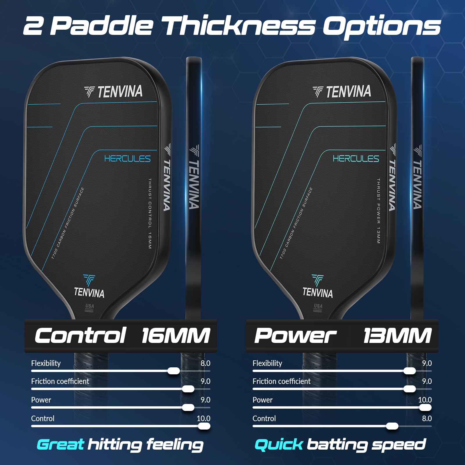 TENVINA Pickleball Paddles, Multi-Layer T700SC Textured Carbon Fiber Pickleball Paddle, 4-Types of Shapes and Thicknesses, Strong Spin & Power Surface of USAPA Approved Pickle Ball Paddle