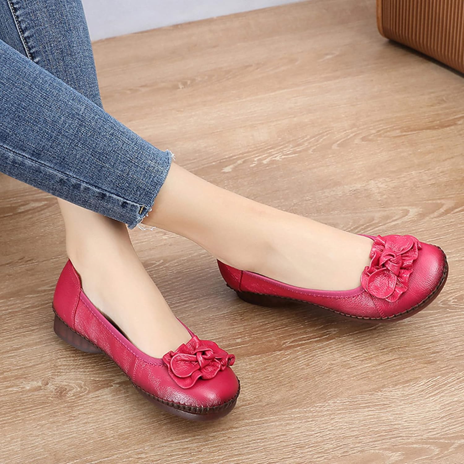 [PANLON] レディース フラット 25.5cm パンプス ワインレッド ローファー 花柄 フラワー 大きいサイズ ローヒール