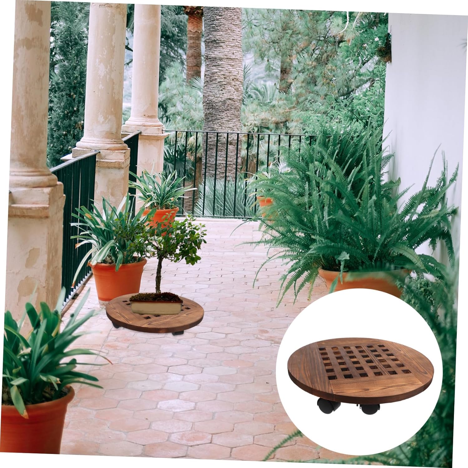 Rolling Plant Stand with Wheels Sturdy Wood Trolley for Flower Pots Rotating Base Indoor and Outdoor Use Versatile Movable Planter Holder Diameter