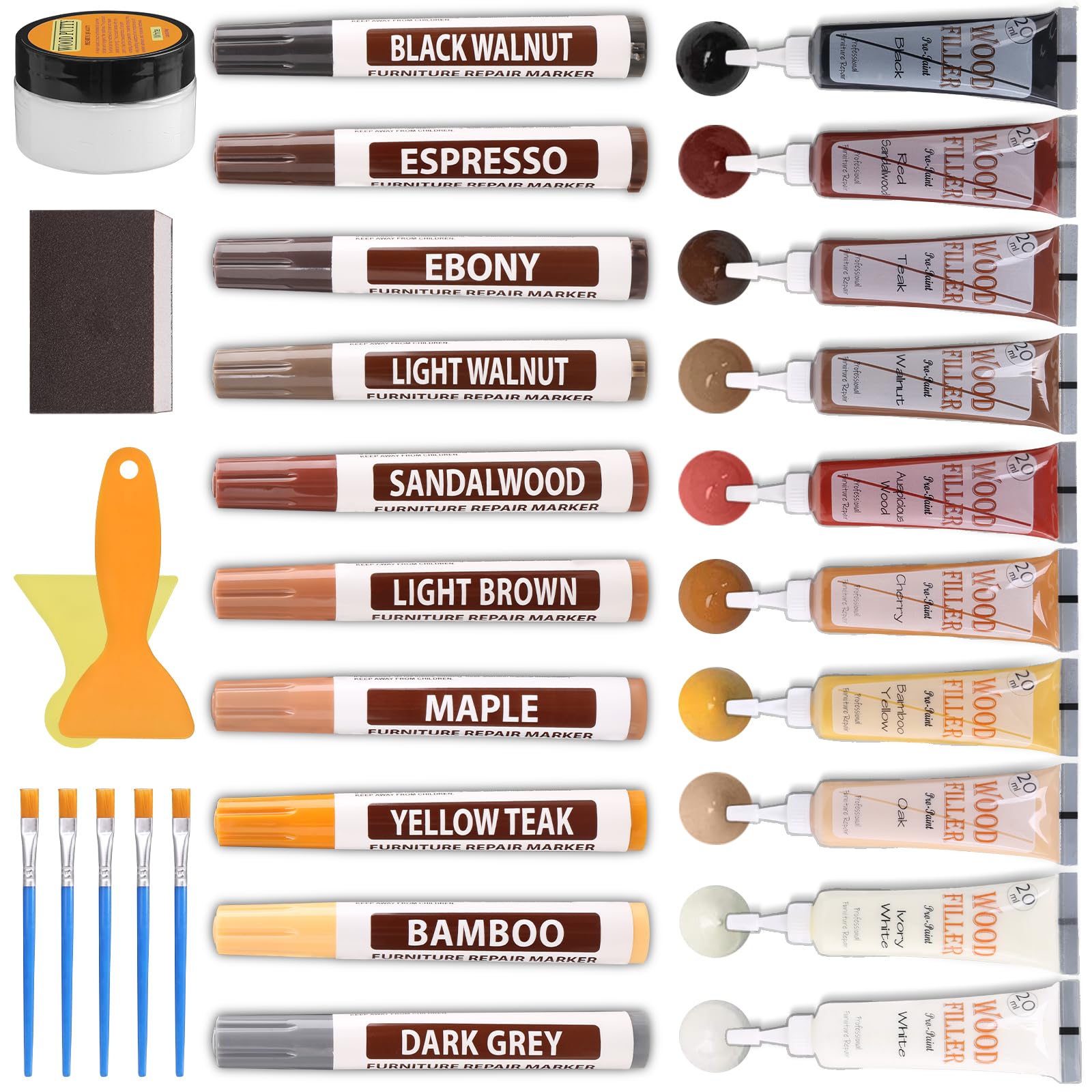 A-Heyida 6 Repair Kit Laminate, Wood Putty Wood Filler Wood Marker Furniture Repair Set, Wax Pens, Wood Parquet Repair Kit For Scratches, Cracks, Stains, Nail Holes, Holes, Worktop, Bed Posts, Door