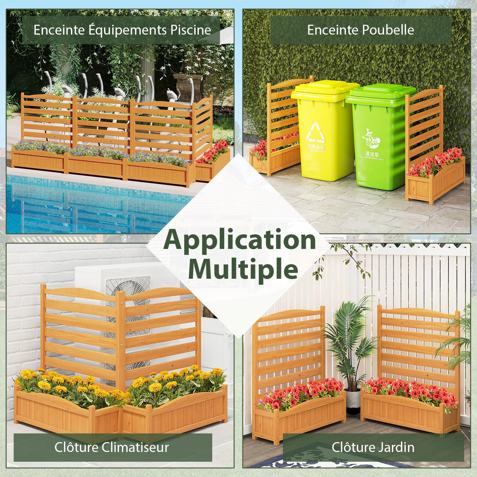 GOPLUS Jardinière Surélevée avec Bac à Fleurs en Bois, Clôture Décorative Brise Vue Jardin Pour Plantes Grimpantes avec Jardinières 85x28x101CM Autoportant avec Trous Drainage (2 Panneaux,Jaune)
