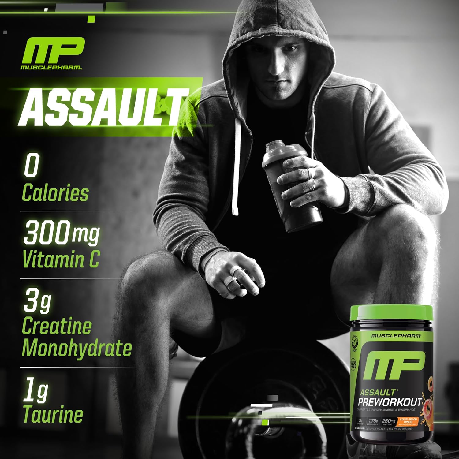 MusclePharm Assault Pre Workout Powder for Men & Women – Energy & Strength Boost Pre-Workout Supplements with Beta Alanine, Caffeine, Creatine & Betaine Anhydrous – 30 Servings, Sour Peach Ring Flavor