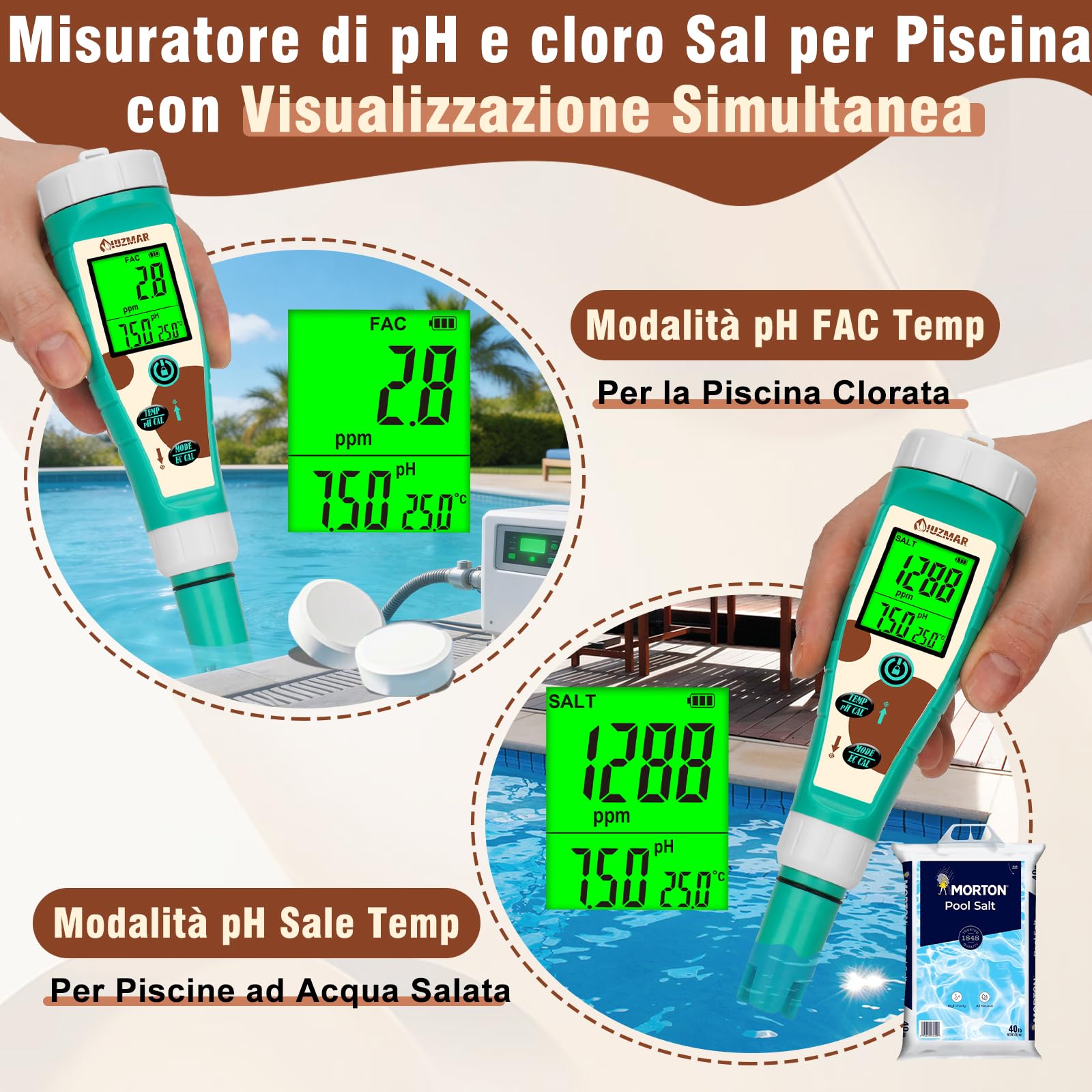 UIUZMAR Misuratore di pH e Sale cloro per piscina, Tester di pH e ORP per Idrogeno per Acqua Potabile, 8 in 1 pH, Sale, Cloro, H2, ORP, EC, TDS, Temperatura per Idroponica, Acquario