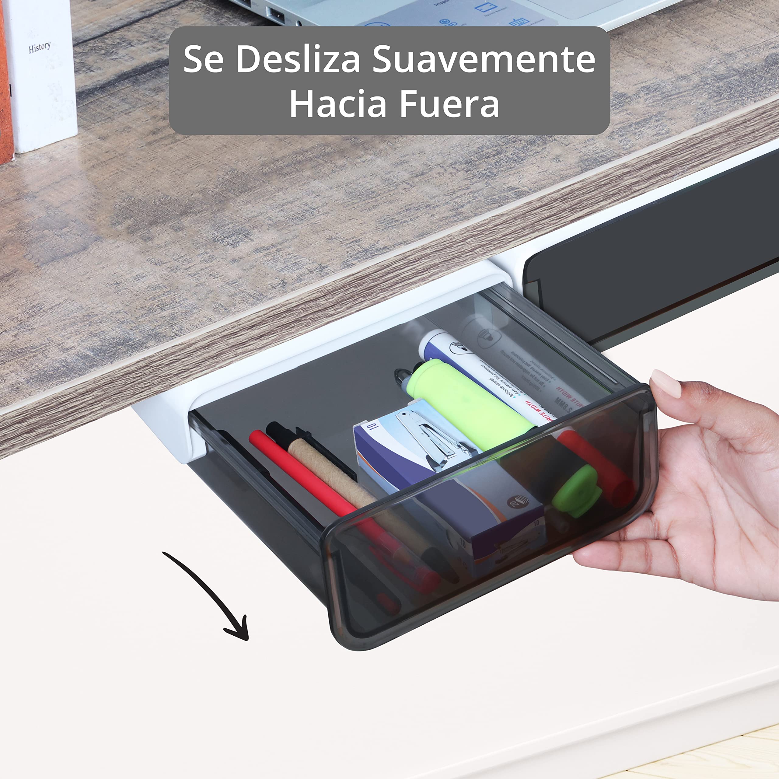 Cajones Extraíbles Adhesivos [Pack de 2] - Cajas Organizadoras de Plástico Multiusos para Debajo de la Mesa con Respaldo Autoadhesivo para Accesorios, Bandeja de Almacenamiento para Artesanías