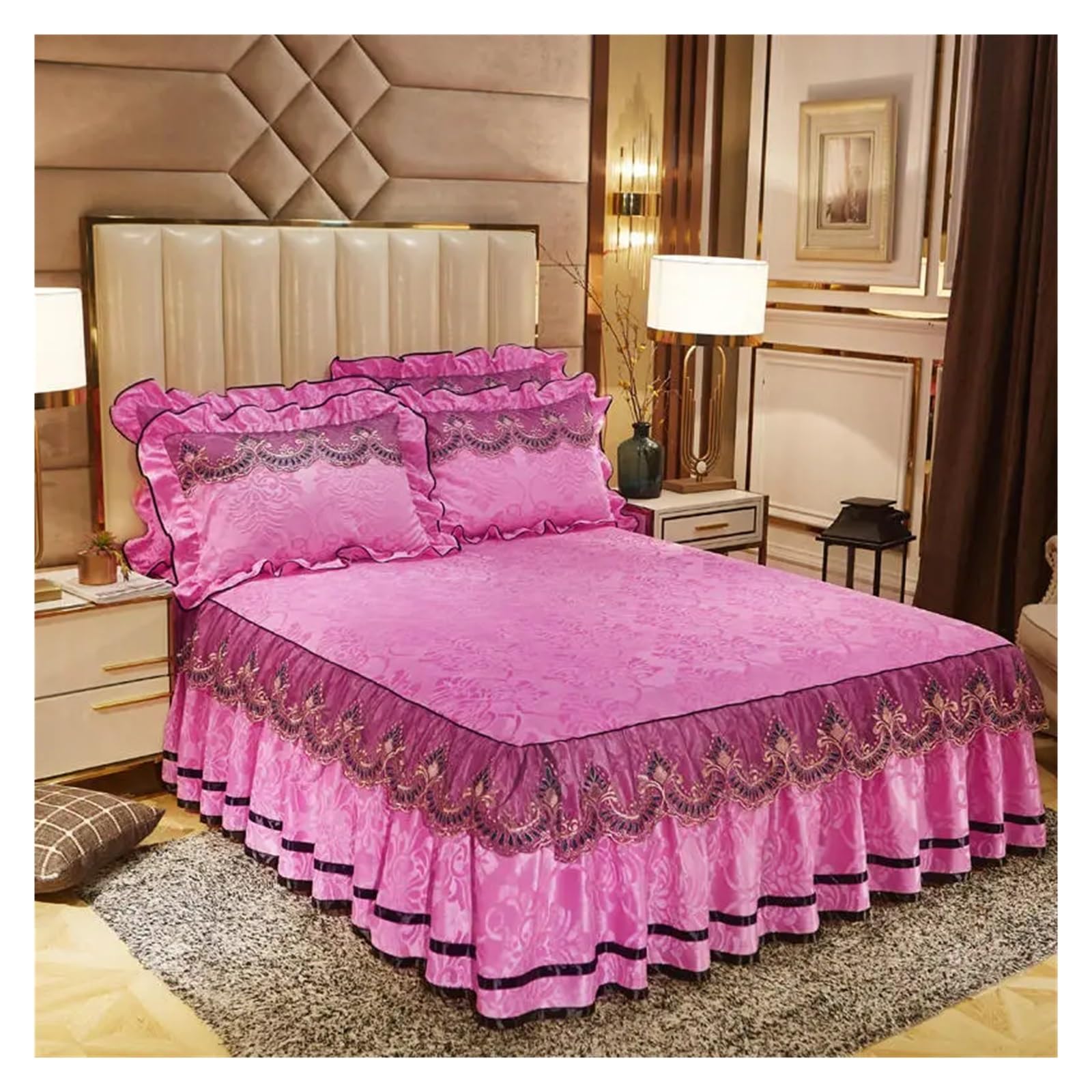 Velvet Bedding Bed Skirt Pillowcases Quilted Bedspread Lace Embroidery Ruffle Mattress Cover Bed Sheet Home Textile(F,1pcs Skirt 180x200)