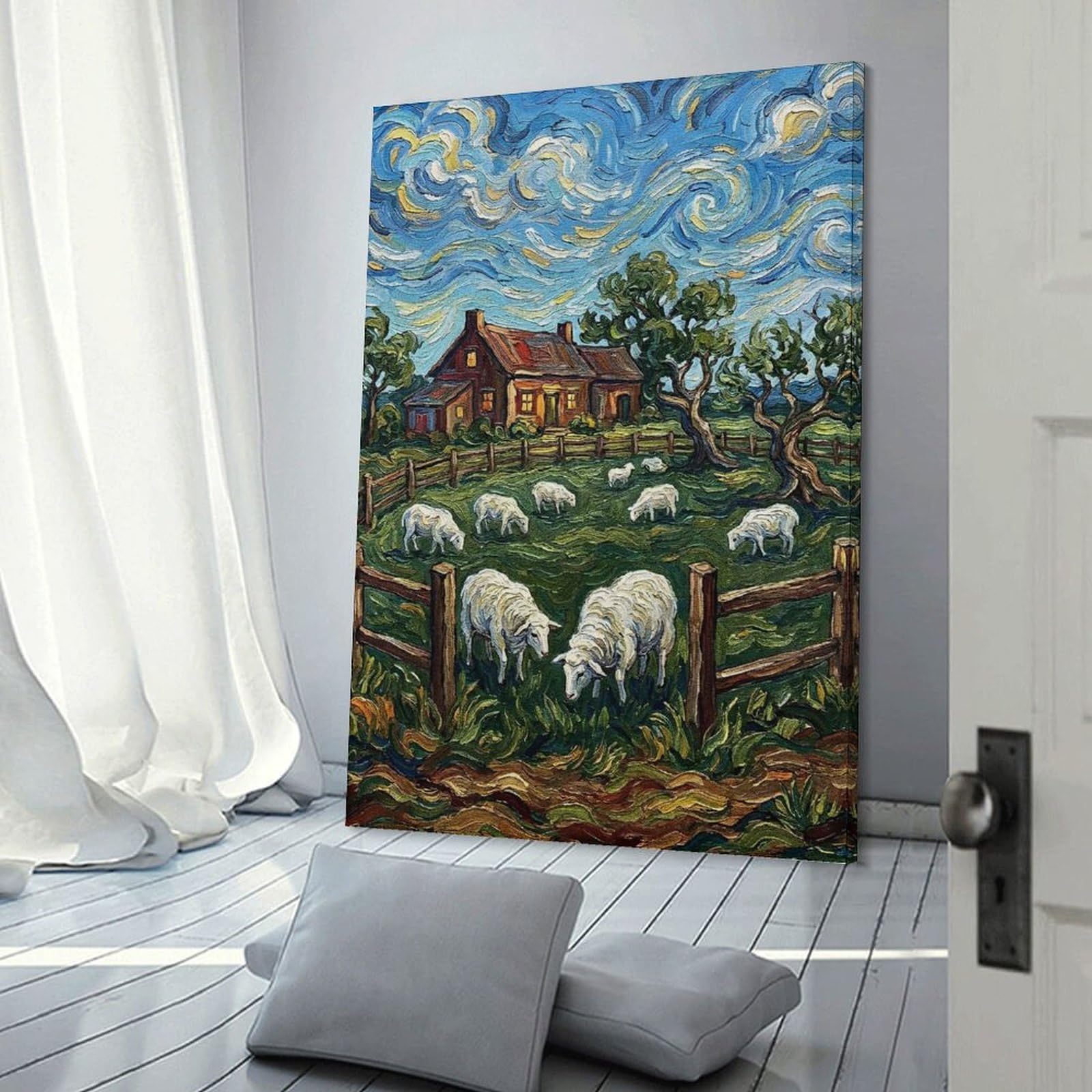 Junmoney Home Decor Wall Art Sheep in A Field Painting, 16x24inch(40x60cm), for New Homes, Bedrooms Or Workspaces, Decorative Present for New Homes