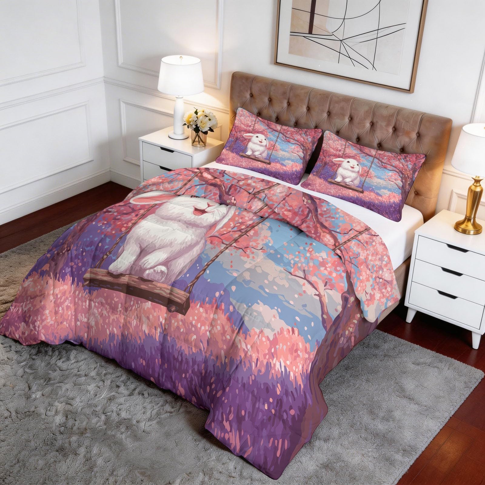 Tier Schaukel Weißes Kaninchen Kirschblütenbaum Bettdecke 135 x 200 cm 4 Jahreszeiten Steppdecke, Anime-Stil Waschbare Kinder Kleines Mädchen Bettwaren Set Kinderzimmer Babyzimmer Bettdecke Ohne Bezug