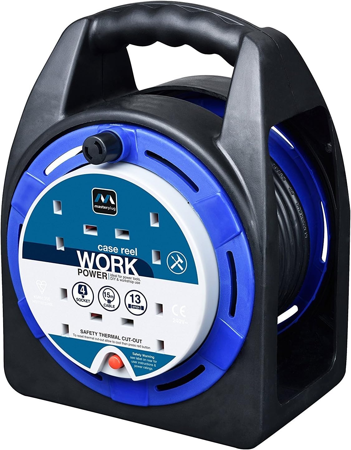 Masterplug HST1513/4BL Four Socket Open Cable Reel Extension Lead with Handle, 15 Metres, Black/Blue