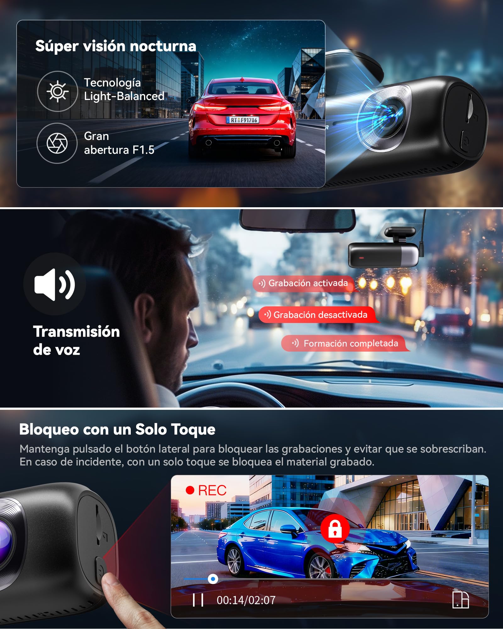 REDTIGER DashcamCoche Delantera y Trasera: 4K +1080P,WiFi 5.8GHz,GPS,Visión Nocturna,Monitor de Aparcamiento,Grabación en Bucle,Control por App,Admite hasta 256 GB(F9)