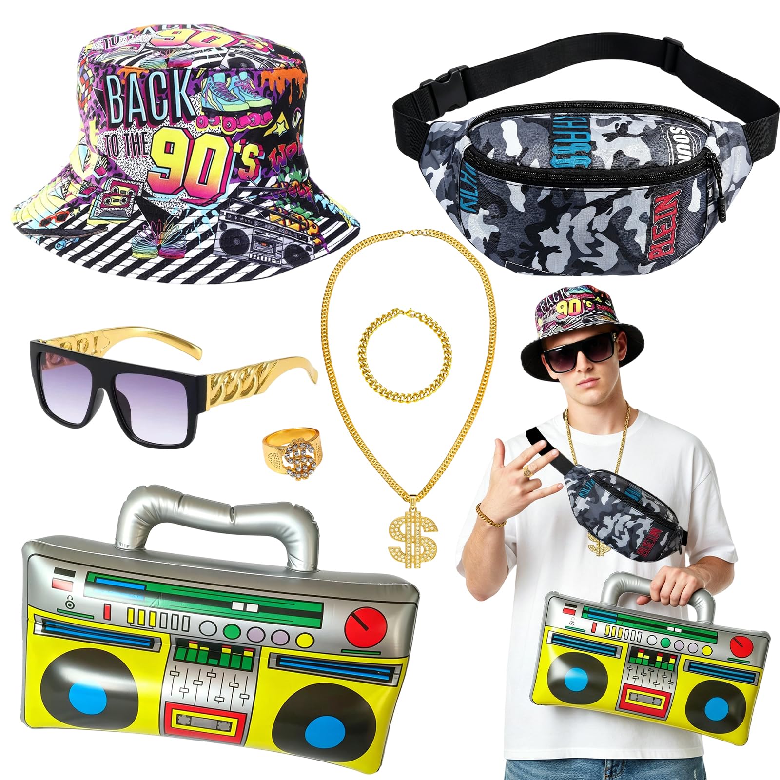 YAEGIMHT 80s 90s Fancy Dress Women Men, 7 Pcs Hip Hop Costume Set